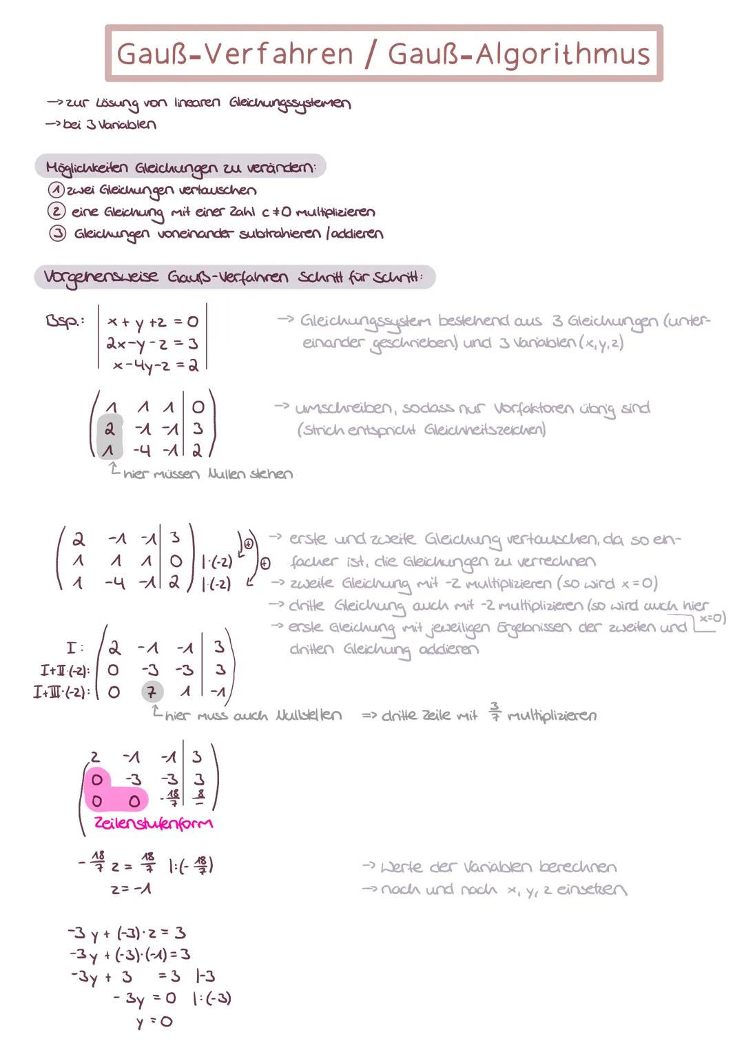 # Gauß-Verfahren / Gauß-Algorithmus
→zur Lösung von linearen Gleichungssystemen
→bei 3 Variablen
### Möglichkeiten Gleichungen zu verände