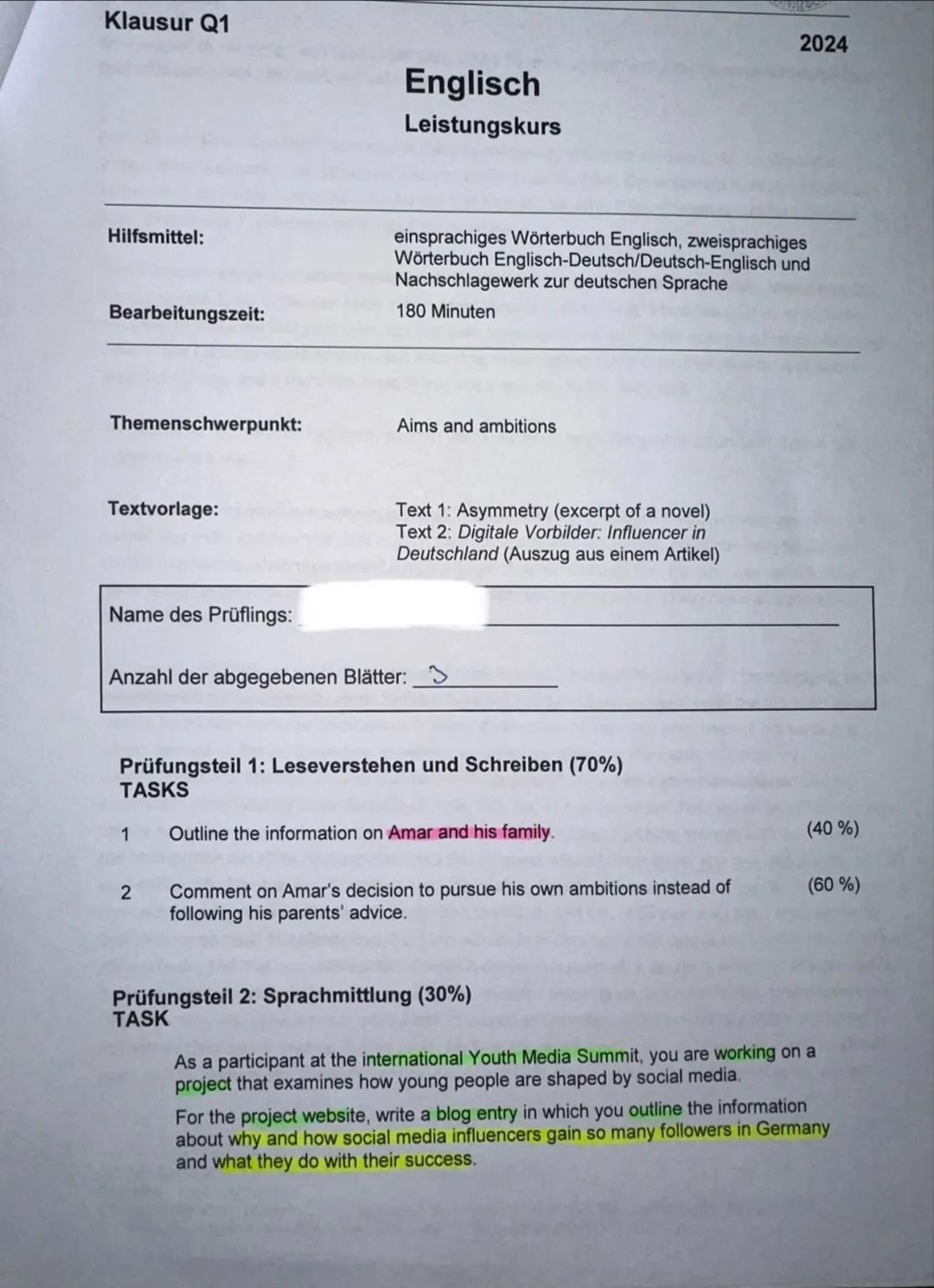 Klausur Q1
Englisch
Leistungskurs
2024
Hilfsmittel:
einsprachiges Wörterbuch Englisch, zweisprachiges
Wörterbuch Englisch-Deutsch/Deutsch