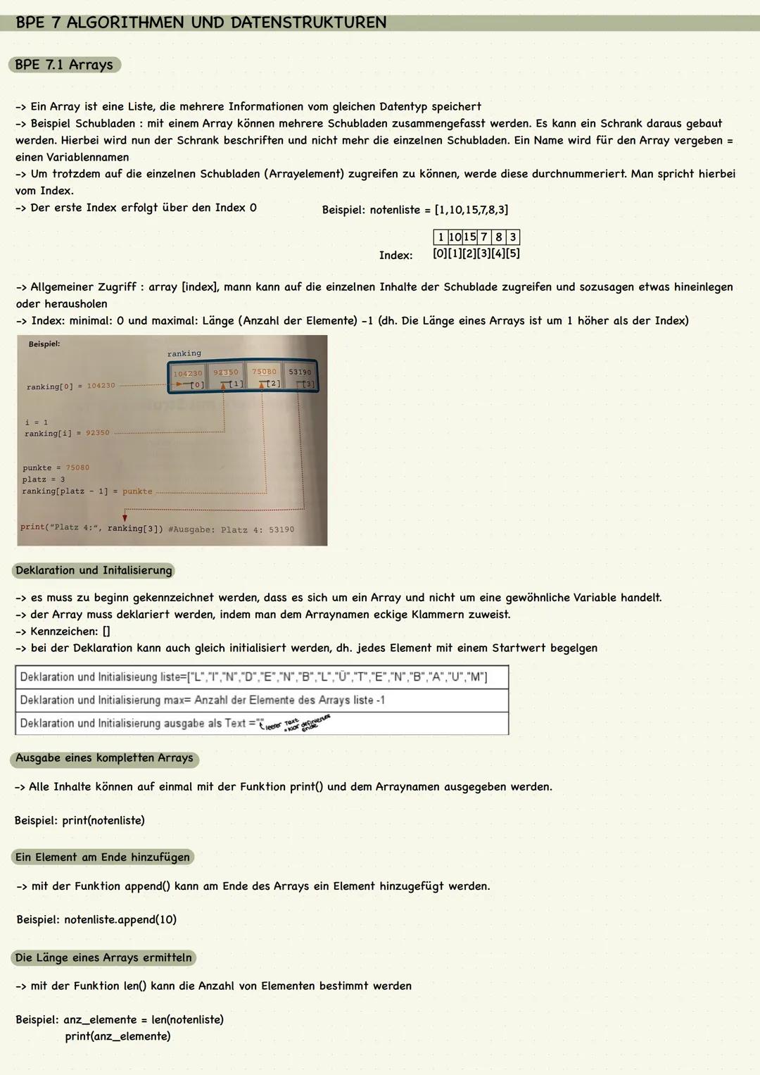 # BPE 7 ALGORITHMEN UND DATENSTRUKTUREN
BPE 7.1 Arrays
-> Ein Array ist eine Liste, die mehrere Informationen vom gleichen Datentyp speich