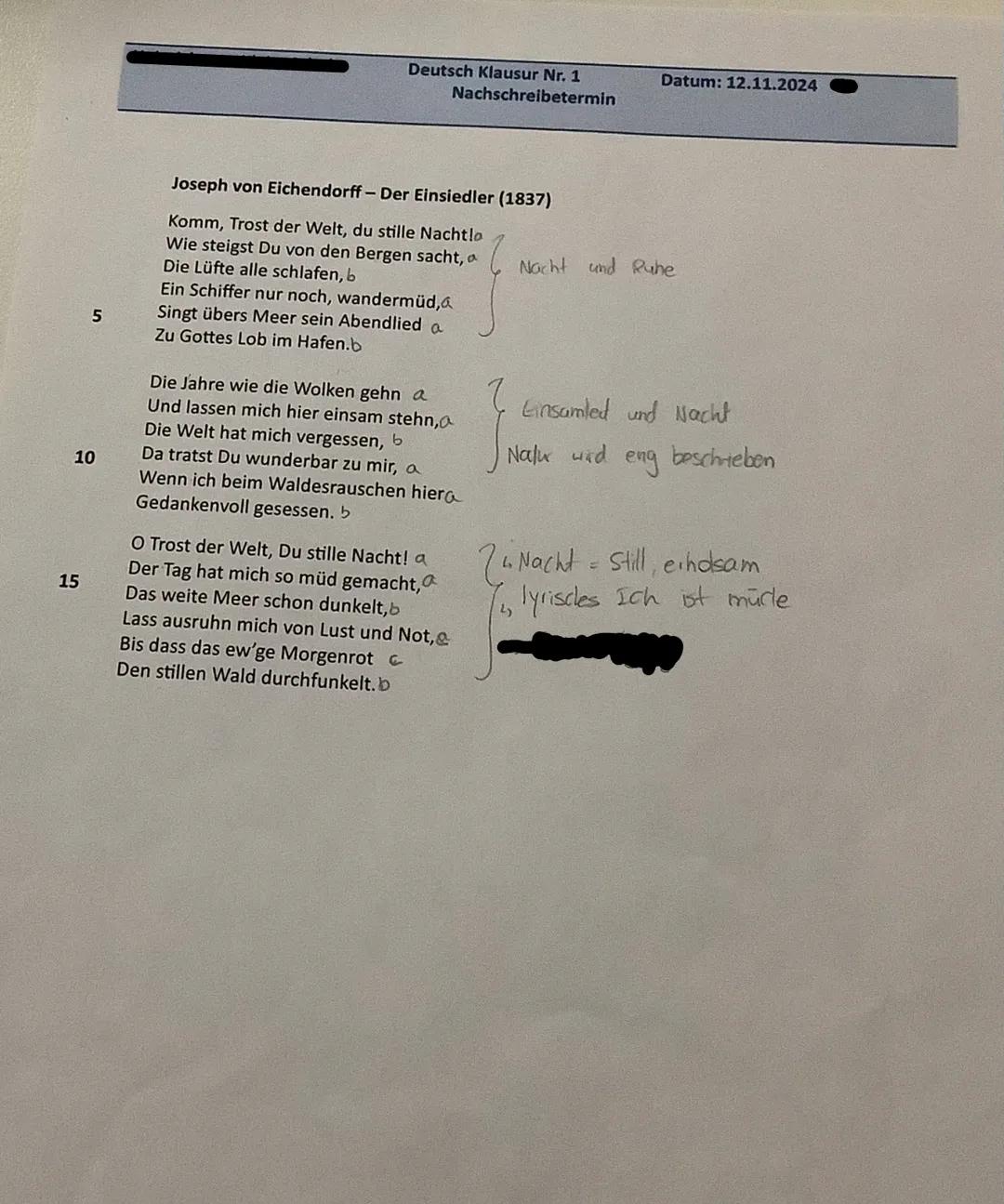 --- OCR Start ---
Deutsch Klausur Nr. 1
Datum: 12.11.2024
Nachschreibetermin
5
10
15
Joseph von Eichendorff - Der Einsiedler (1837)
Komm, Tr