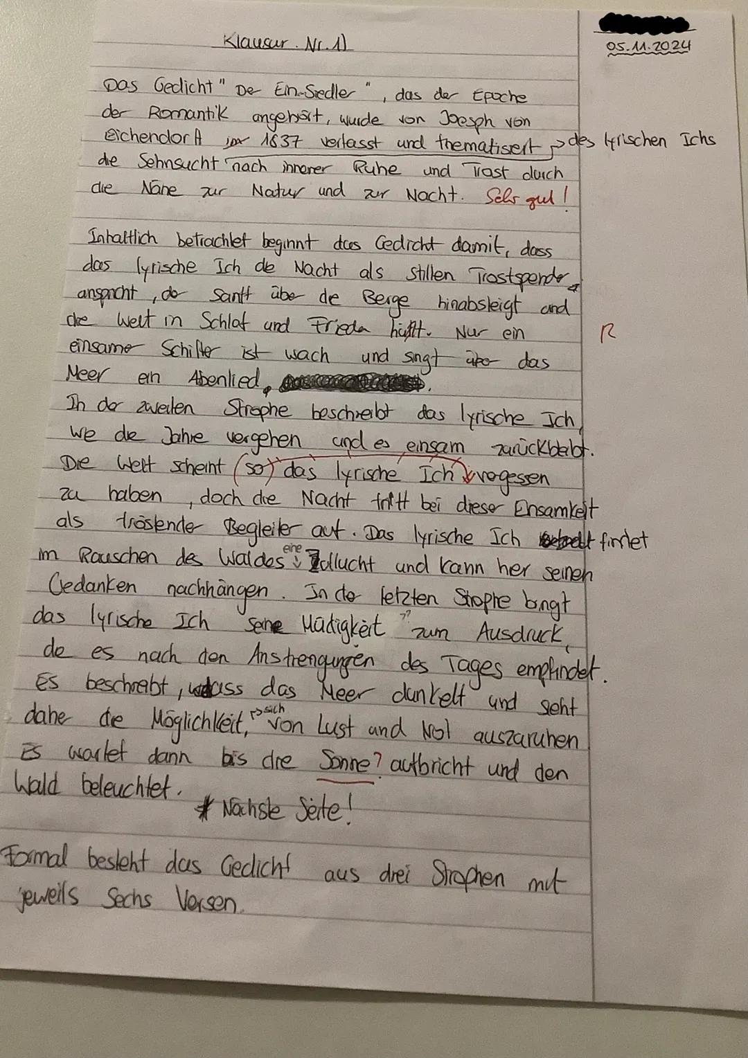 --- OCR Start ---
Deutsch Klausur Nr. 1
Datum: 12.11.2024
Nachschreibetermin
5
10
15
Joseph von Eichendorff - Der Einsiedler (1837)
Komm, Tr