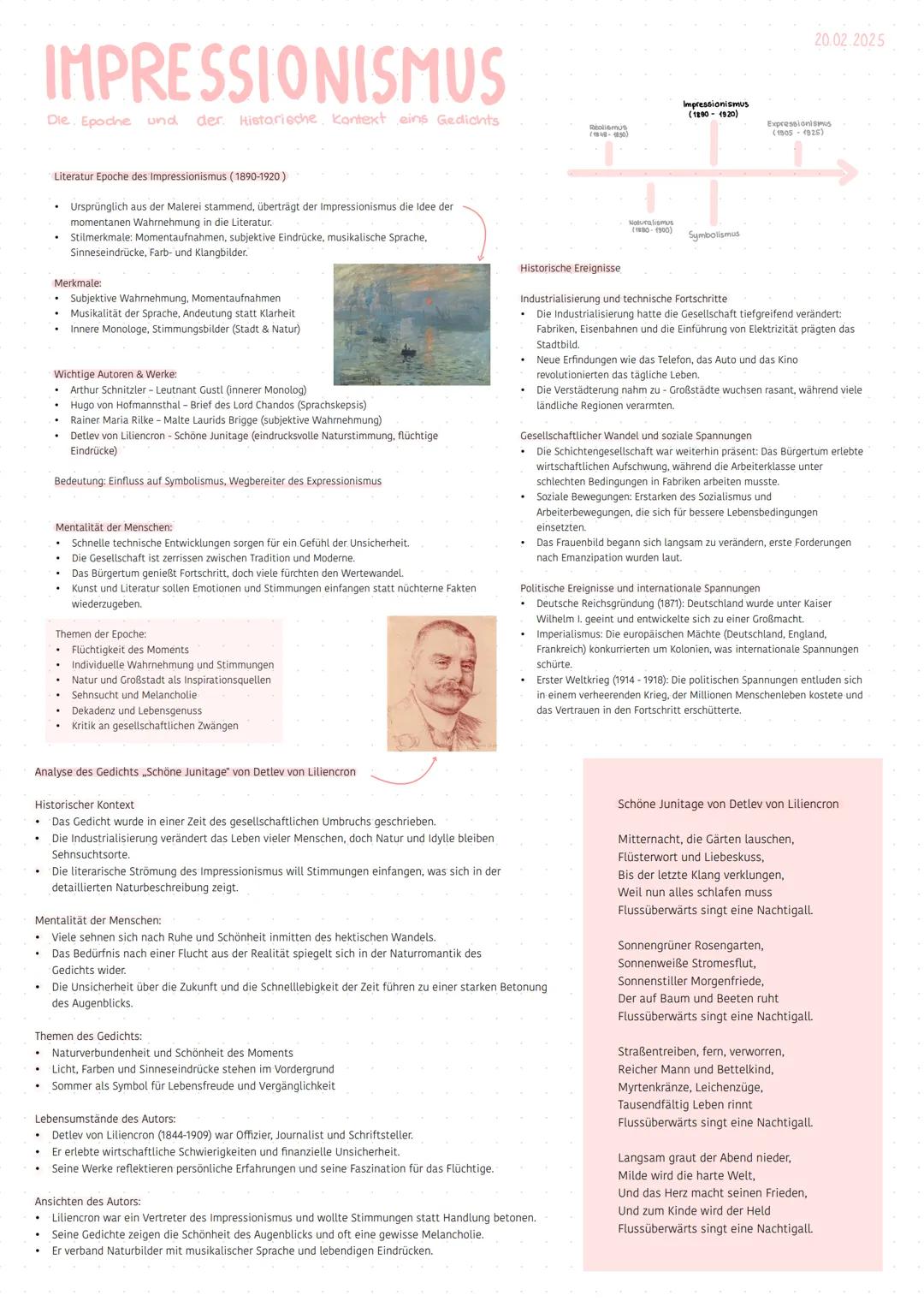 # IMPRESSIONISMUS
20.02.2025
Die Epoche und der historische Kontext als Gedichts
Literatur Epoche des Impressionismus (1890-1920)
* Ursp