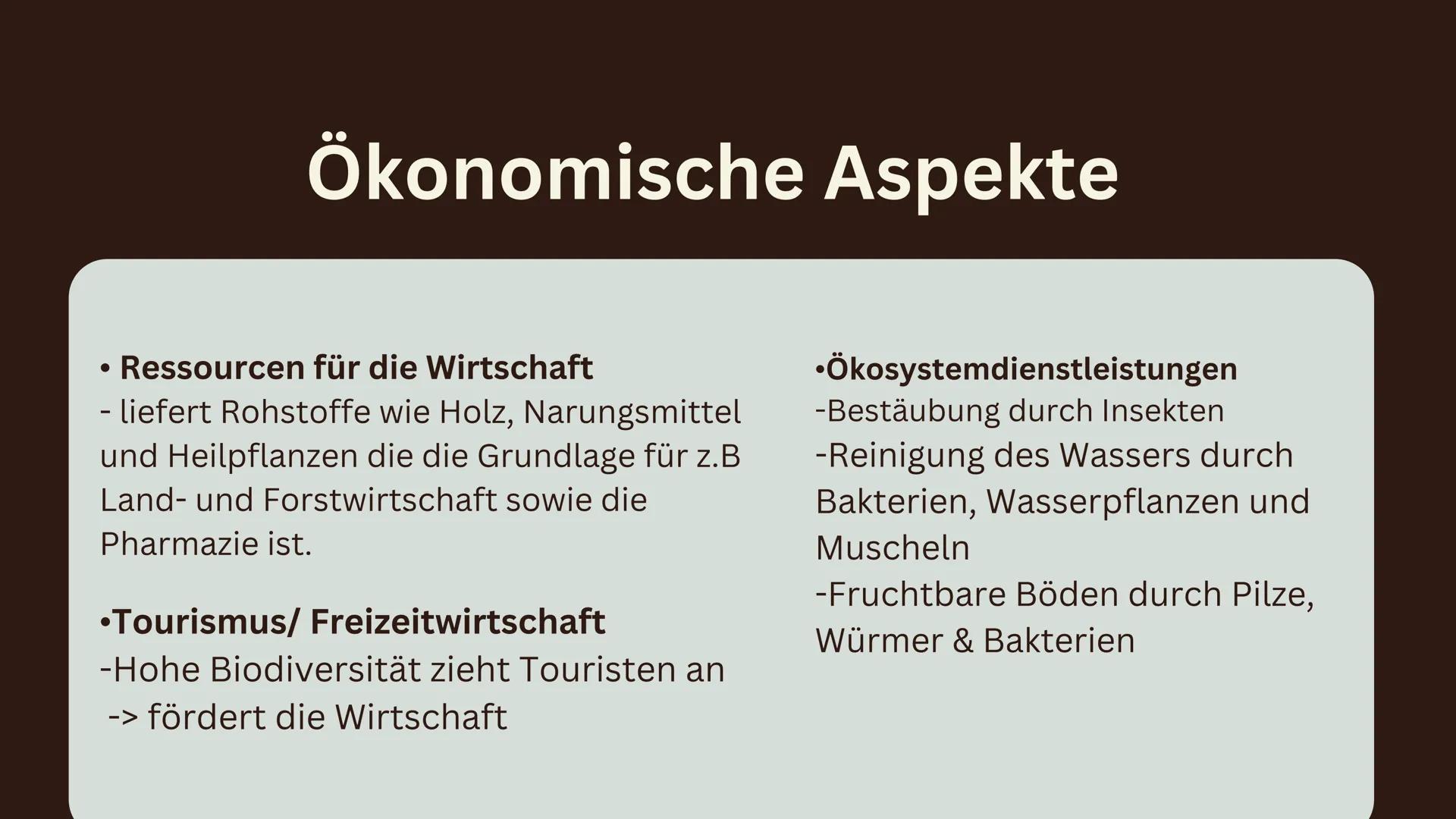 # Biodiversität Inhalt
1. Was ist Biodiversität?
1.1. Ebenen der Biodiversität
1.2. Funktionale Diversität
2. Ökologische und ökonomische A
