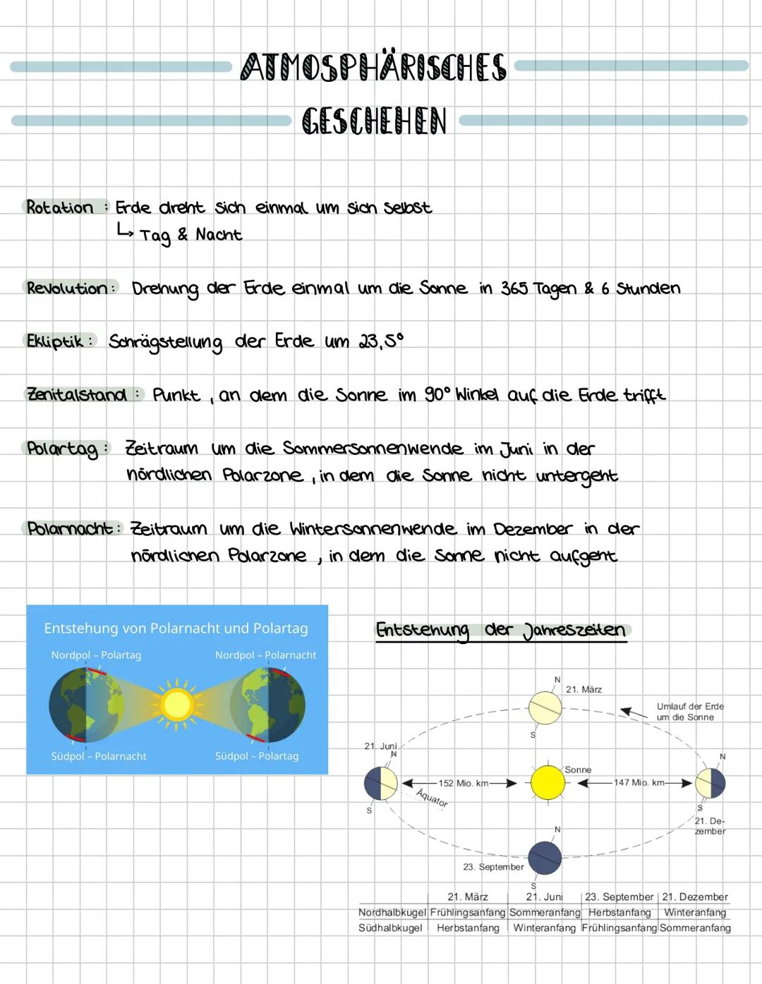 # ATMOSPHÄRISCHES
# GESCHEHEN
Rotation: Erde dreht sich einmal um sich selbst
L> Tag & Nacht
Revolution: Drehung der Erde einmal um die S
