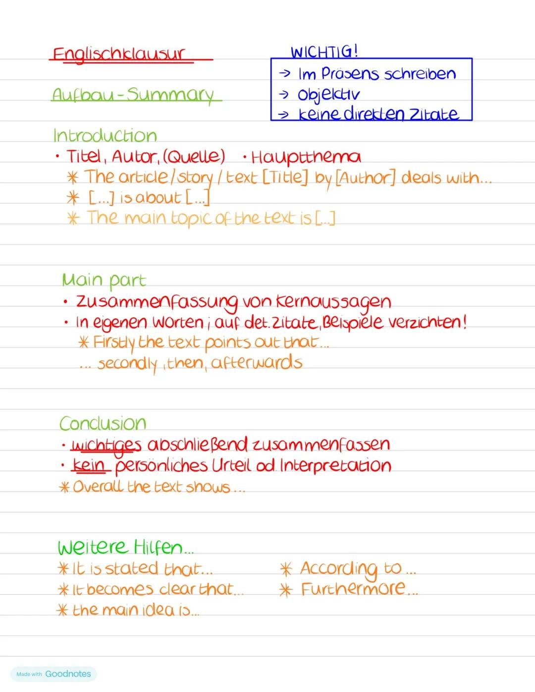 Englischklausur
Aufbau-Summary
Introduction
WICHTIG!
→ Im Präsens schreiben
→ Objektiv
→ keine direkten Zitate
• Titel, Autor, (Quelle)