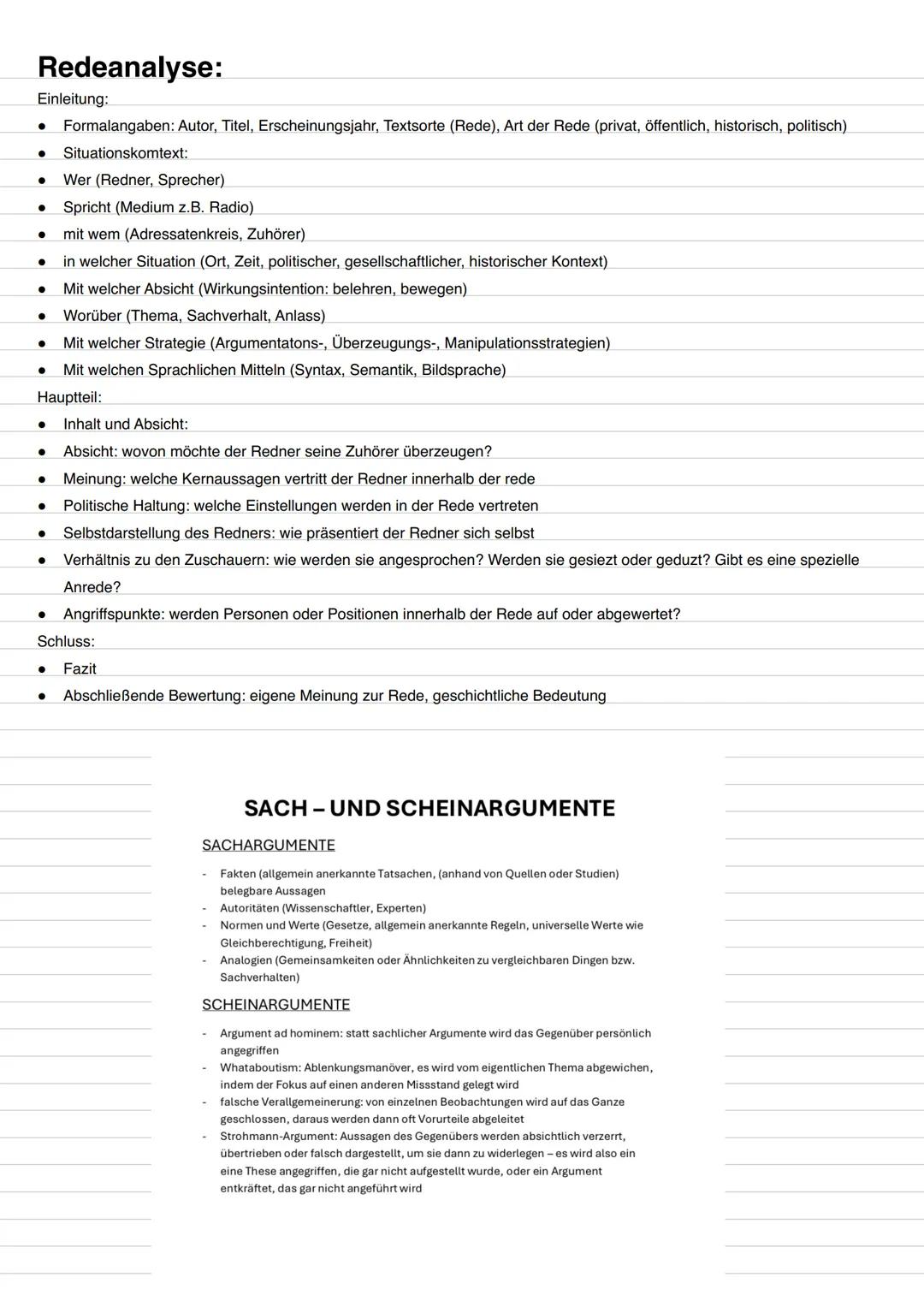 --- OCR Start ---
Redeanalyse:
Einleitung:
• Formalangaben: Autor, Titel, Erscheinungsjahr, Textsorte (Rede), Art der Rede (privat, öffentli