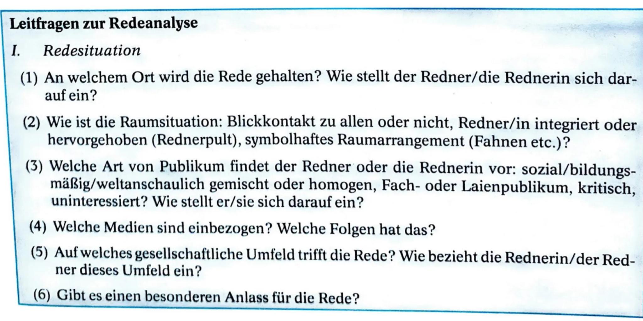 --- OCR Start ---
Redeanalyse:
Einleitung:
• Formalangaben: Autor, Titel, Erscheinungsjahr, Textsorte (Rede), Art der Rede (privat, öffentli