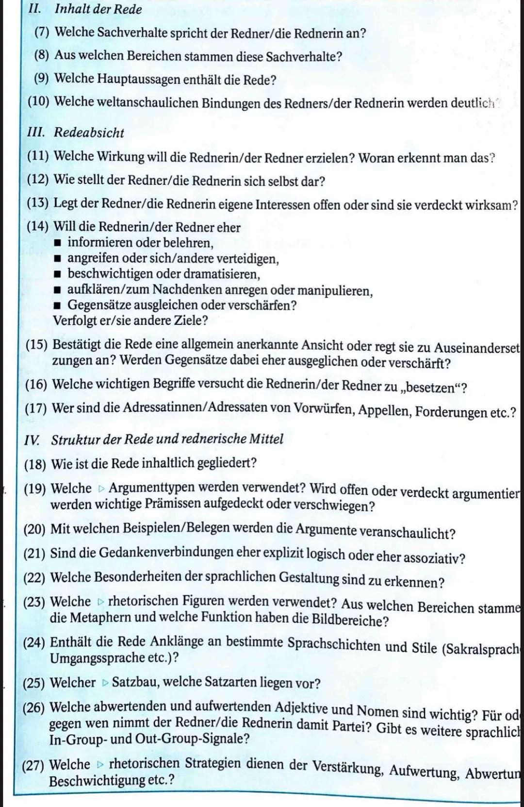--- OCR Start ---
Redeanalyse:
Einleitung:
• Formalangaben: Autor, Titel, Erscheinungsjahr, Textsorte (Rede), Art der Rede (privat, öffentli