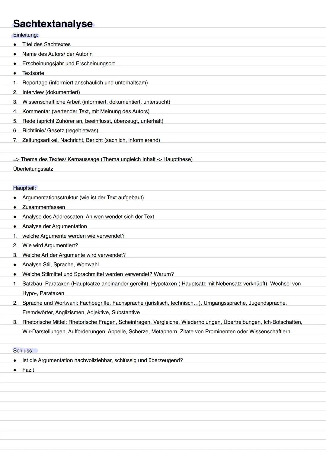 # Sachtextanalyse
Einleitung:
* Titel des Sachtextes
* Name des Autors/ der Autorin
* Erscheinungsjahr und Erscheinungsort
* Texts