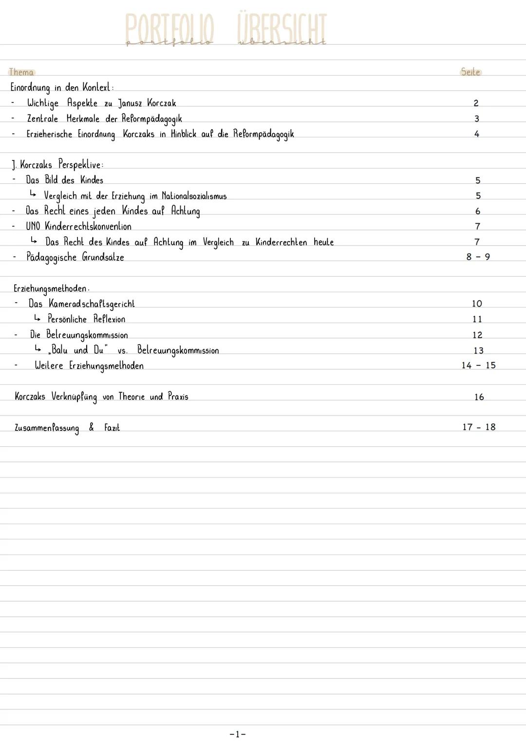 # PORTFOLIO ÜBERSICHT
### Thema
Einordnung in den Konlext:
- Wichlige Aspekte zu Janusz Korczak
- Zentrale Herkmale der Reformpädagogik
- E