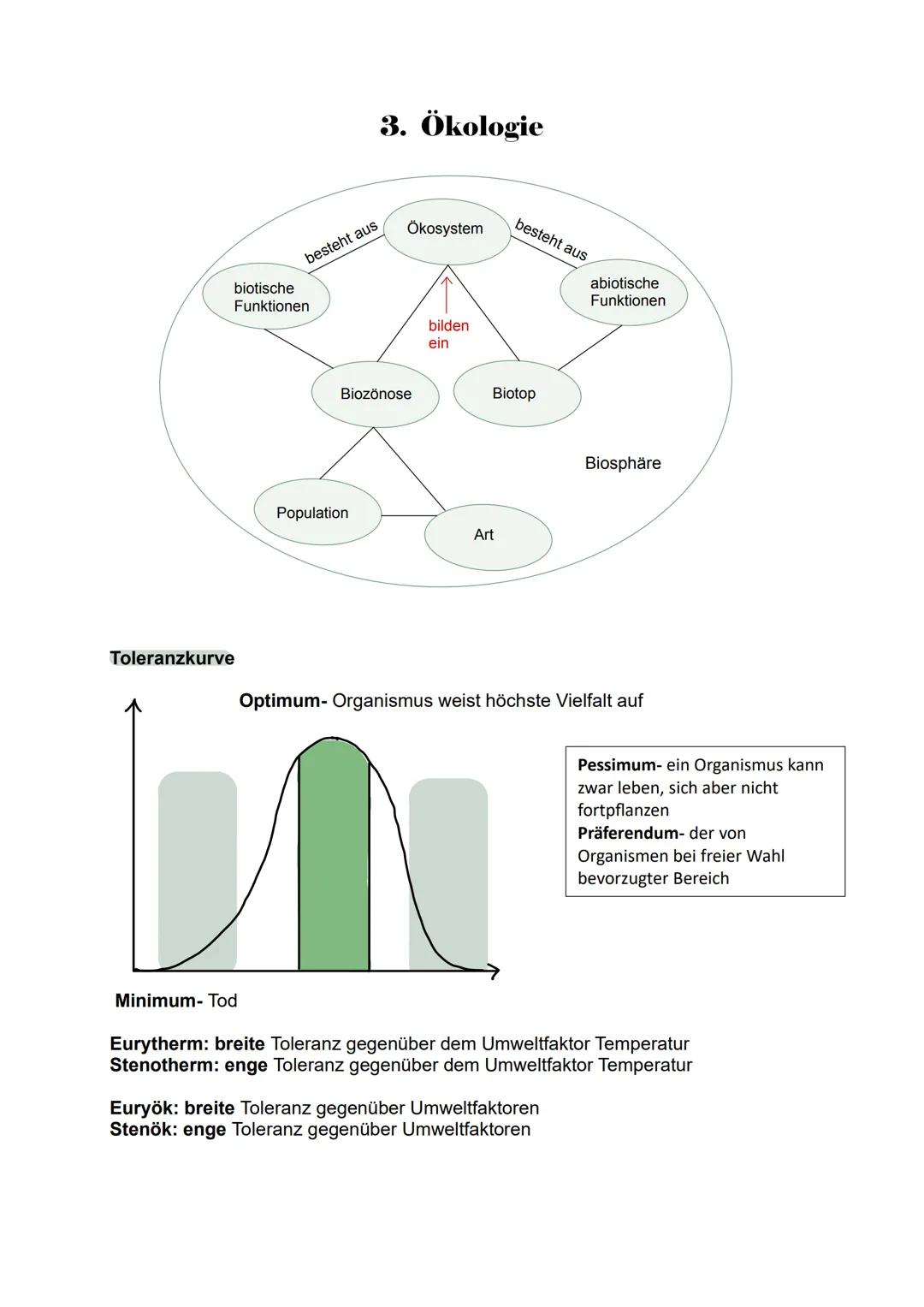 --- OCR Start ---
Toleranzkurve
besteht aus
biotische
Funktionen
3. Ökologie
Ökosystem
besteht aus
abiotische
Funktionen
Biozönose
bilden
ei