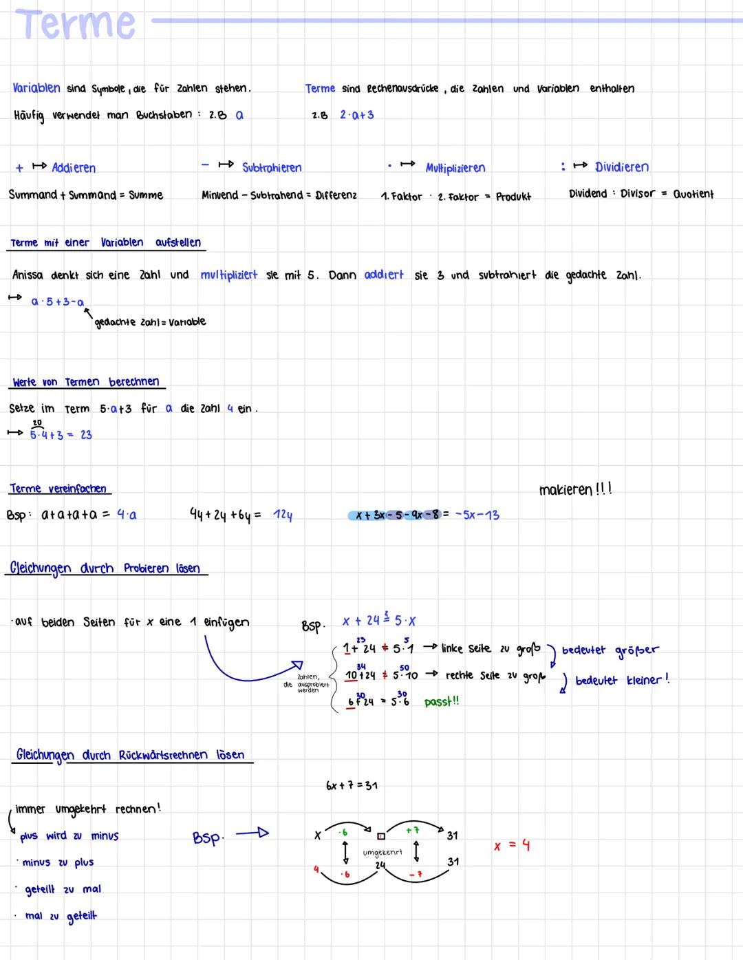 Terme, Variablen, Mathe, 7.Klasse