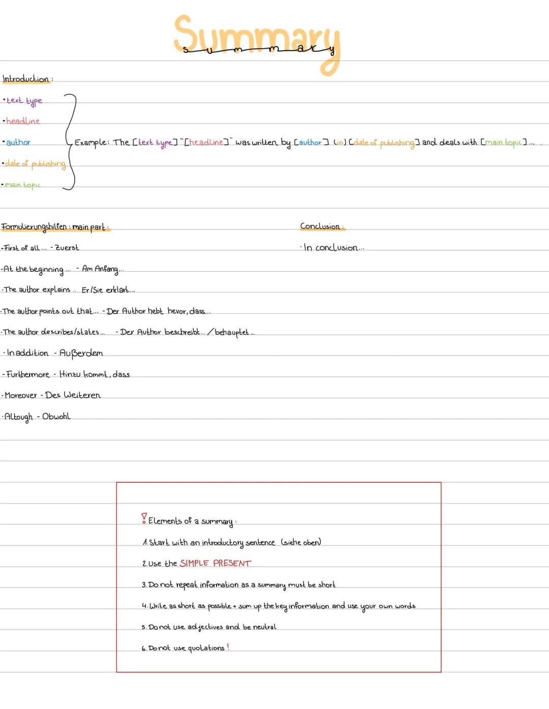 Summary, Characterization + sehr gute Formulierungshilfen – Seite 2