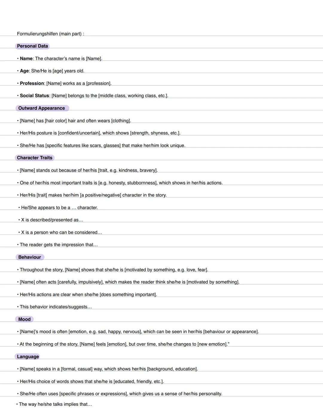 Summary, Characterization + sehr gute Formulierungshilfen – Seite 4