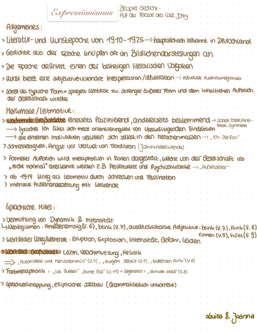 --- OCR Start ---
Allgemeines:
Beispiel Gedicht:
Expressionismus Auf der Terasse des Core Josty
> Literatur- und Uunstepoche von 1910-1925 h