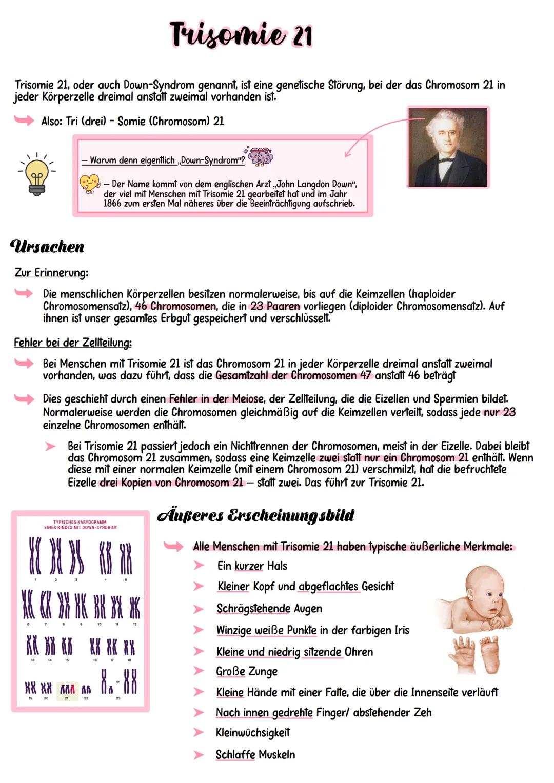 # Trisomie 21
Trisomie 21, oder auch Down-Syndrom genannt, ist eine genetische Störung, bei der das Chromosom 21 in
jeder Körperzelle dreim