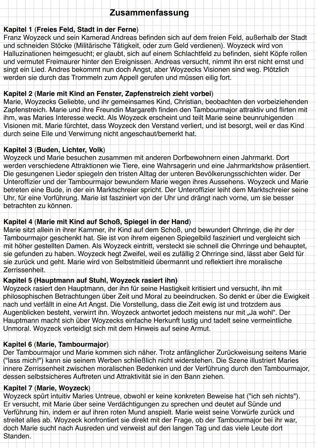 # Zusammenfassung
Kapitel 1 (Freies Feld, Stadt in der Ferne)
Franz Woyzeck und sein Kamerad Andreas befinden sich auf dem freien Feld, auß