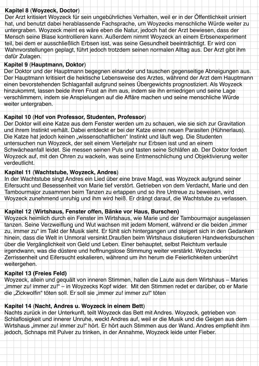 # Zusammenfassung
Kapitel 1 (Freies Feld, Stadt in der Ferne)
Franz Woyzeck und sein Kamerad Andreas befinden sich auf dem freien Feld, auß