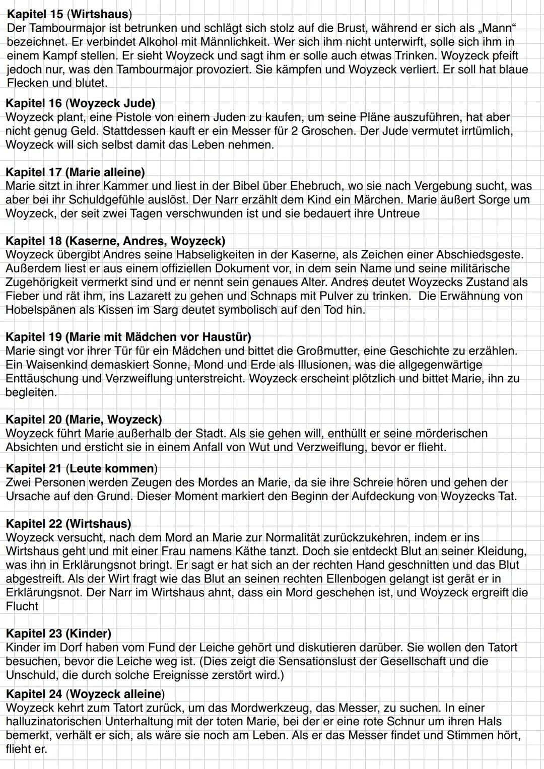 # Zusammenfassung
Kapitel 1 (Freies Feld, Stadt in der Ferne)
Franz Woyzeck und sein Kamerad Andreas befinden sich auf dem freien Feld, auß
