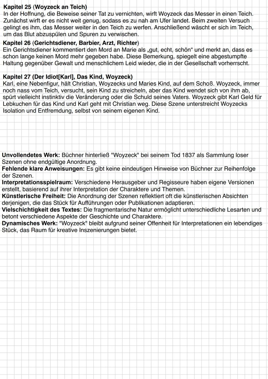 # Zusammenfassung
Kapitel 1 (Freies Feld, Stadt in der Ferne)
Franz Woyzeck und sein Kamerad Andreas befinden sich auf dem freien Feld, auß