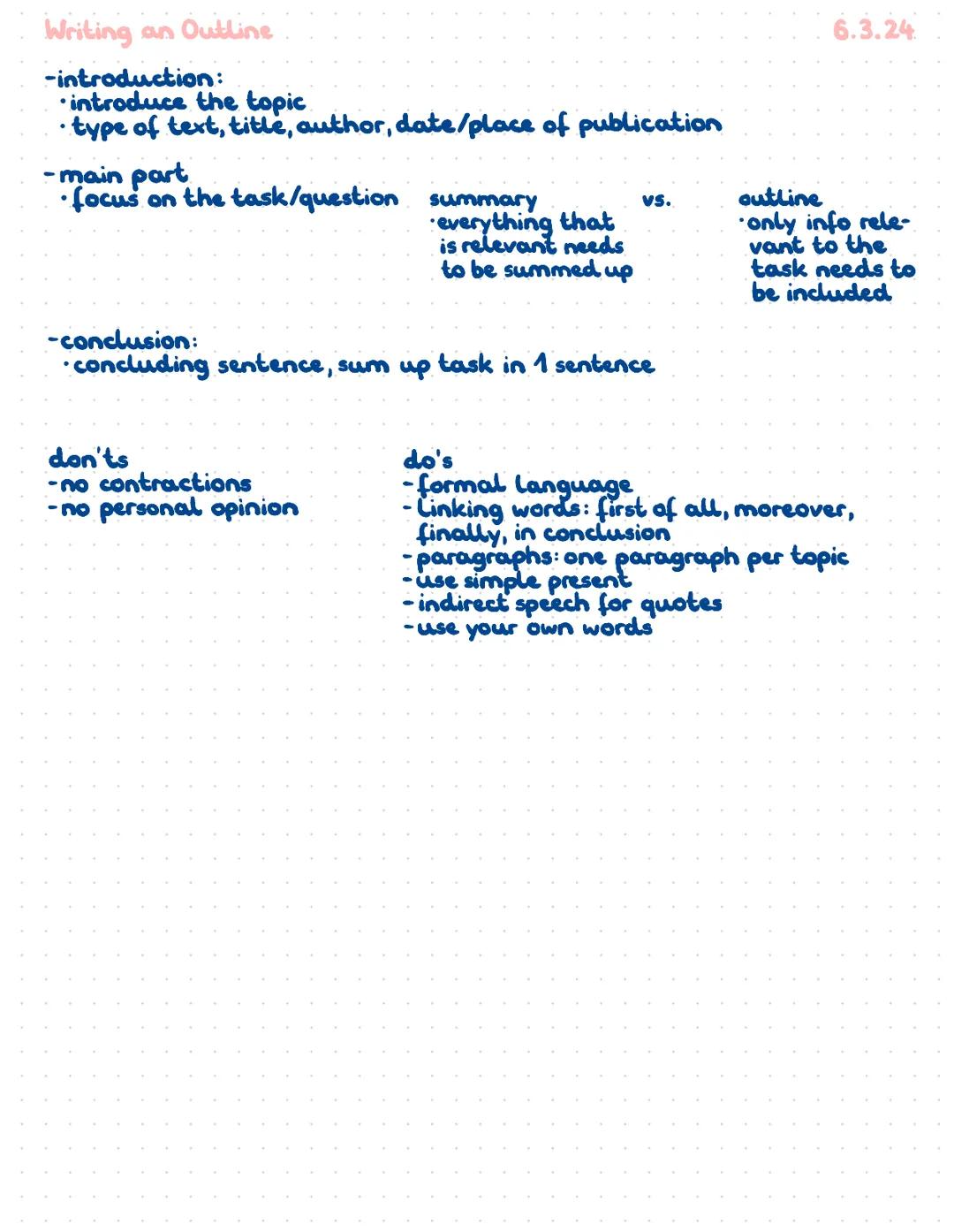 --- OCR Start ---
Writing an Outline
-introduction:
•introduce the topic.
type of text, title, author, date/place of publication
-main part