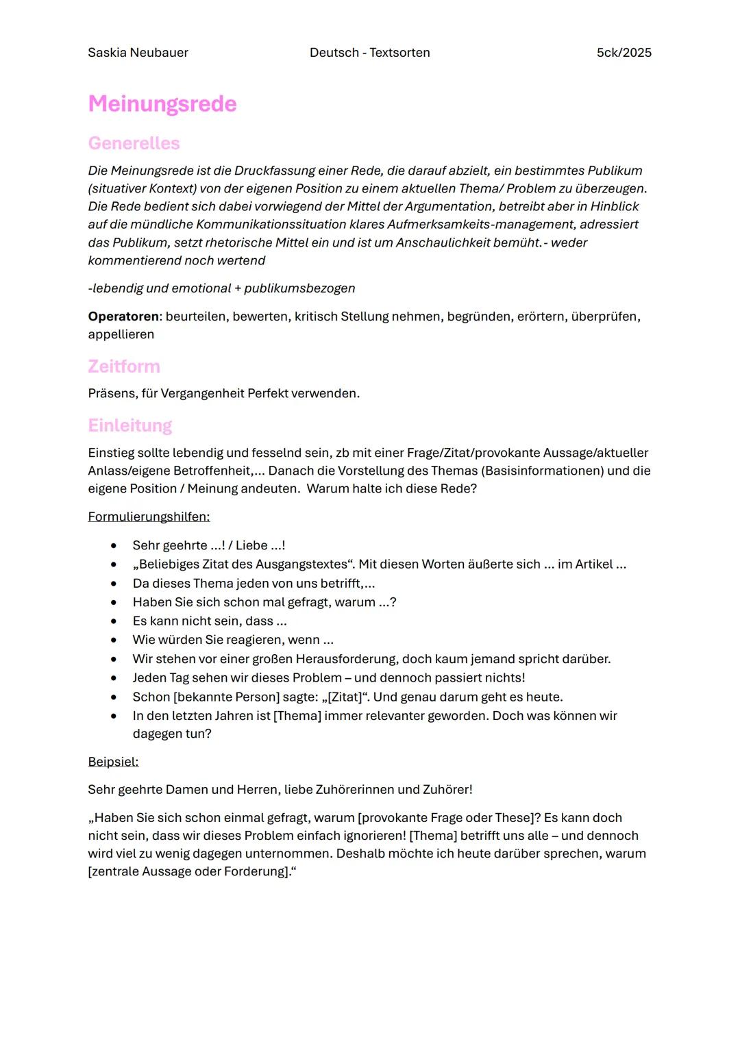 Saskia Neubauer
Deutsch - Textsorten
5ck/2025
# Deutsch - Matura Textsorten
## Zusammenfassung
### Generelles
Die Zusammenfassung ist di