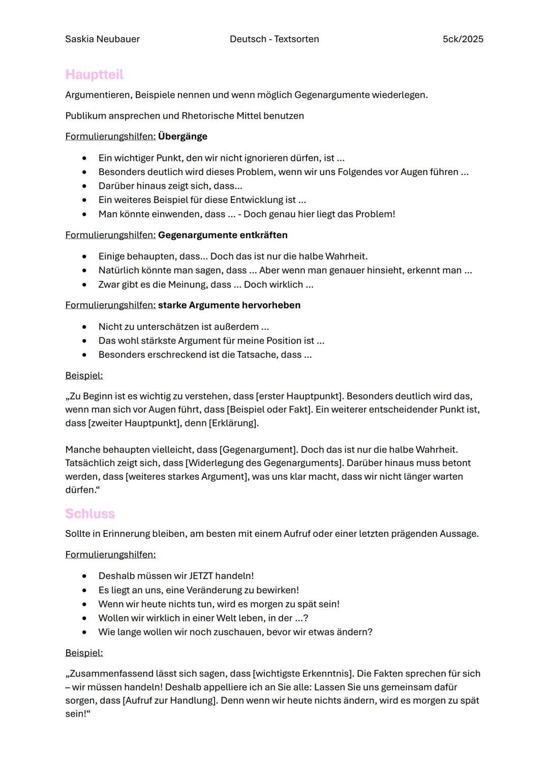 Saskia Neubauer
Deutsch - Textsorten
5ck/2025
# Deutsch - Matura Textsorten
## Zusammenfassung
### Generelles
Die Zusammenfassung ist di