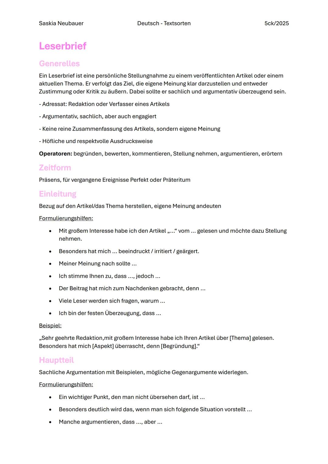 Saskia Neubauer
Deutsch - Textsorten
5ck/2025
# Deutsch - Matura Textsorten
## Zusammenfassung
### Generelles
Die Zusammenfassung ist di