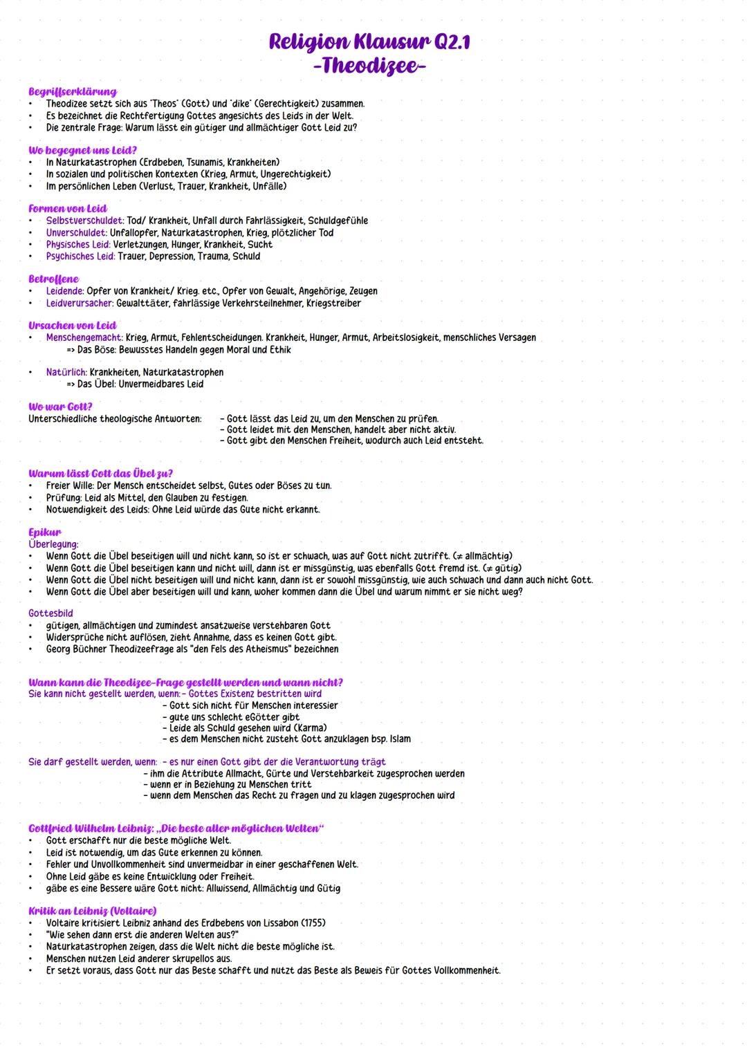 # Religion Klausur Q2.1
-Theodizee-
Begriffserklärung
Theodizee setzt sich aus 'Theos' (Gott) und 'dike" (Gerechtigkeit) zusammen.
Es bez