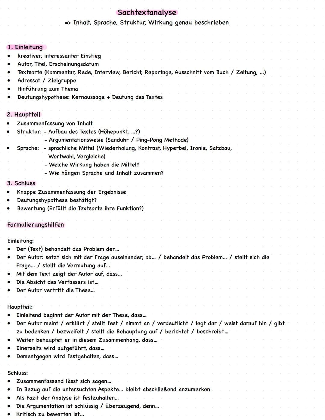 --- OCR Start ---
Sachtextanalyse
=> Inhalt, Sprache, Struktur, Wirkung genau beschrieben
1. Einleitung
- kreativer, interessanter Einstieg