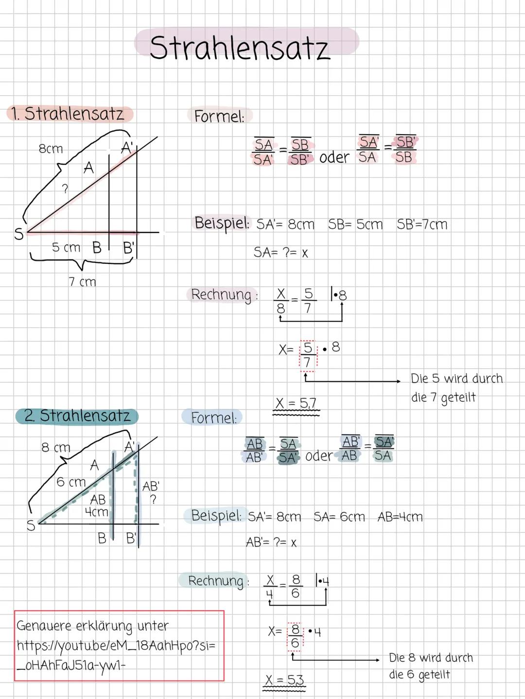 # Strahlensatz
1. Strahlensatz
8cm
A
S
5 cm BB'
7 cm
Formel:
$\frac{SA}{SA'}$ = $\frac{SB}{SB'}$ oder $\frac{SA'}{SA}$ = $\frac{SB'}