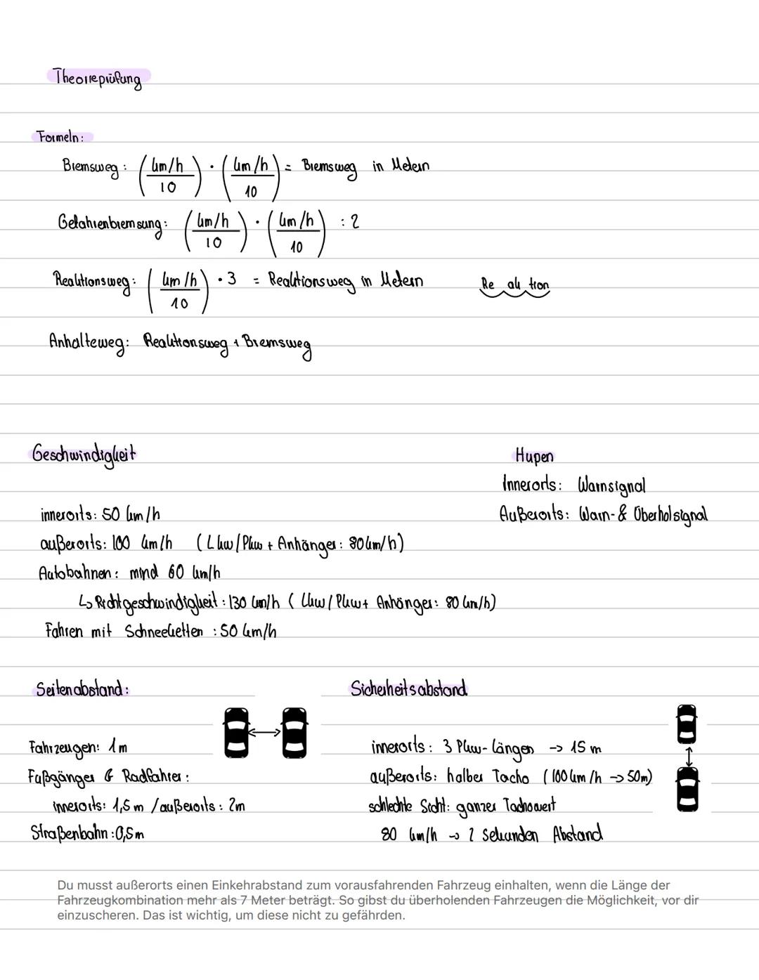 # Theolreprüfung
Formeln:
Biemsweg (um/h (um/h) = Biemsweg in Melein
10
10
Gelahienbremsung: (um/h). (um/h): 2
10
10
Realitionsweg: 4m/h).3