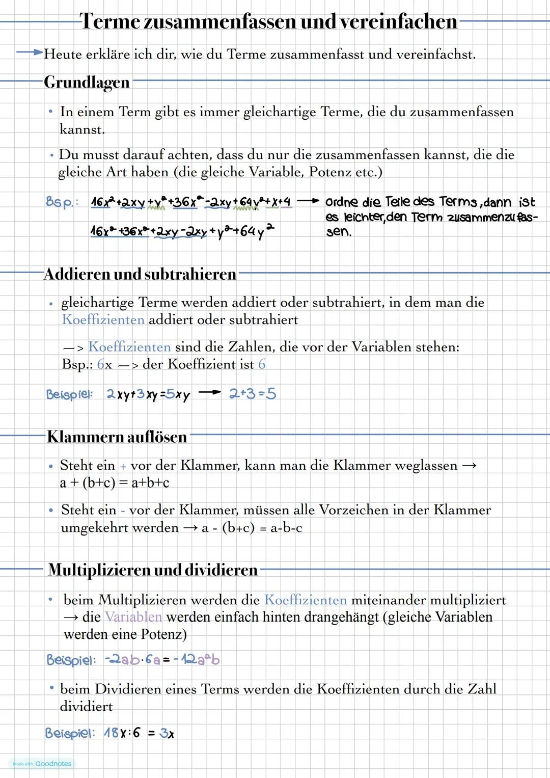 --- OCR Start ---
Terme zusammenfassen und vereinfachen
Heute erkläre ich dir, wie du Terme zusammenfasst und vereinfachst.
Grundlagen
- In