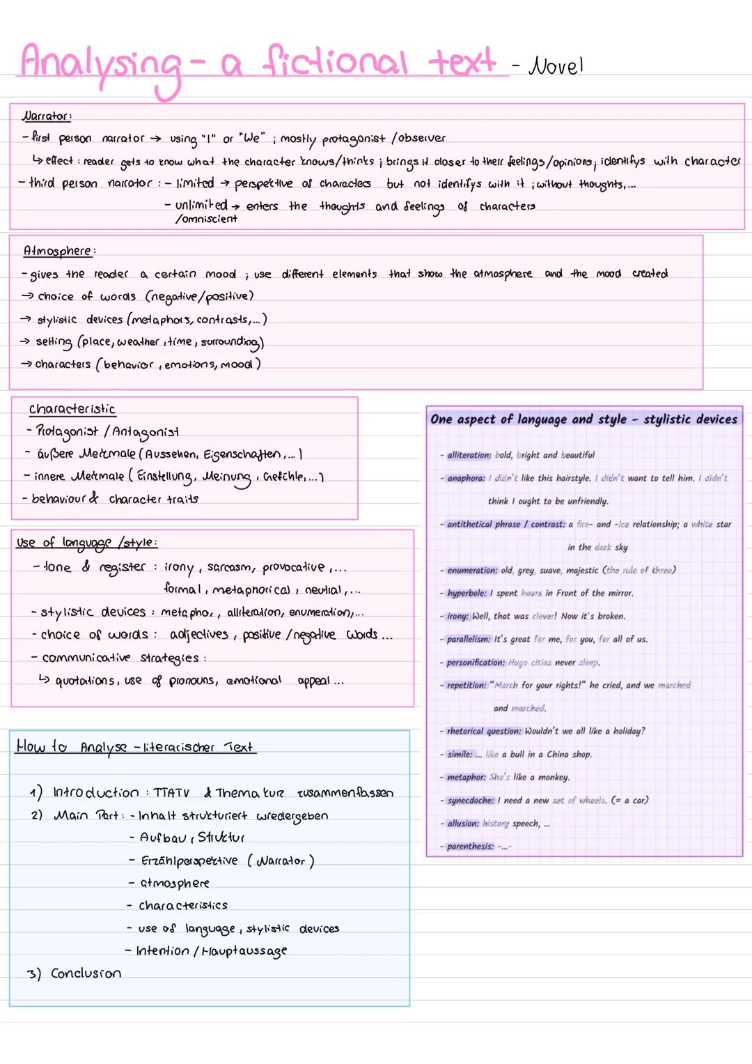 # Analysing - a fictional text - Novel
Narrator:
- first person narrator using "I" or "We"; mostly protagonist /observer
↳effect: reader g
