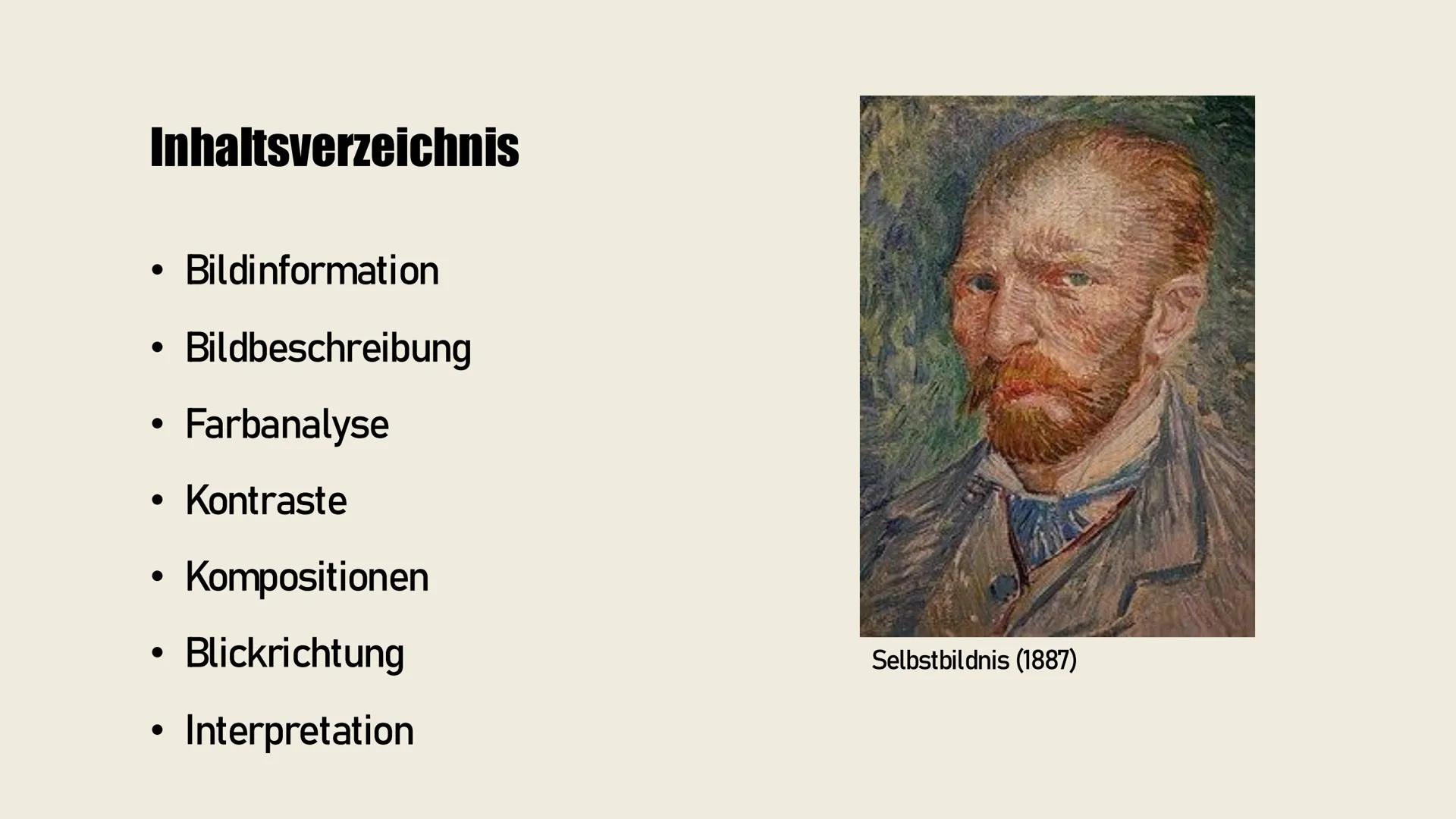 "Sternennacht"
Vincent van Gogh
Martje, Jule Inhaltsverzeichnis
• Bildinformation
• Bildbeschreibung
• Farbanalyse
• Kontraste
• Komp