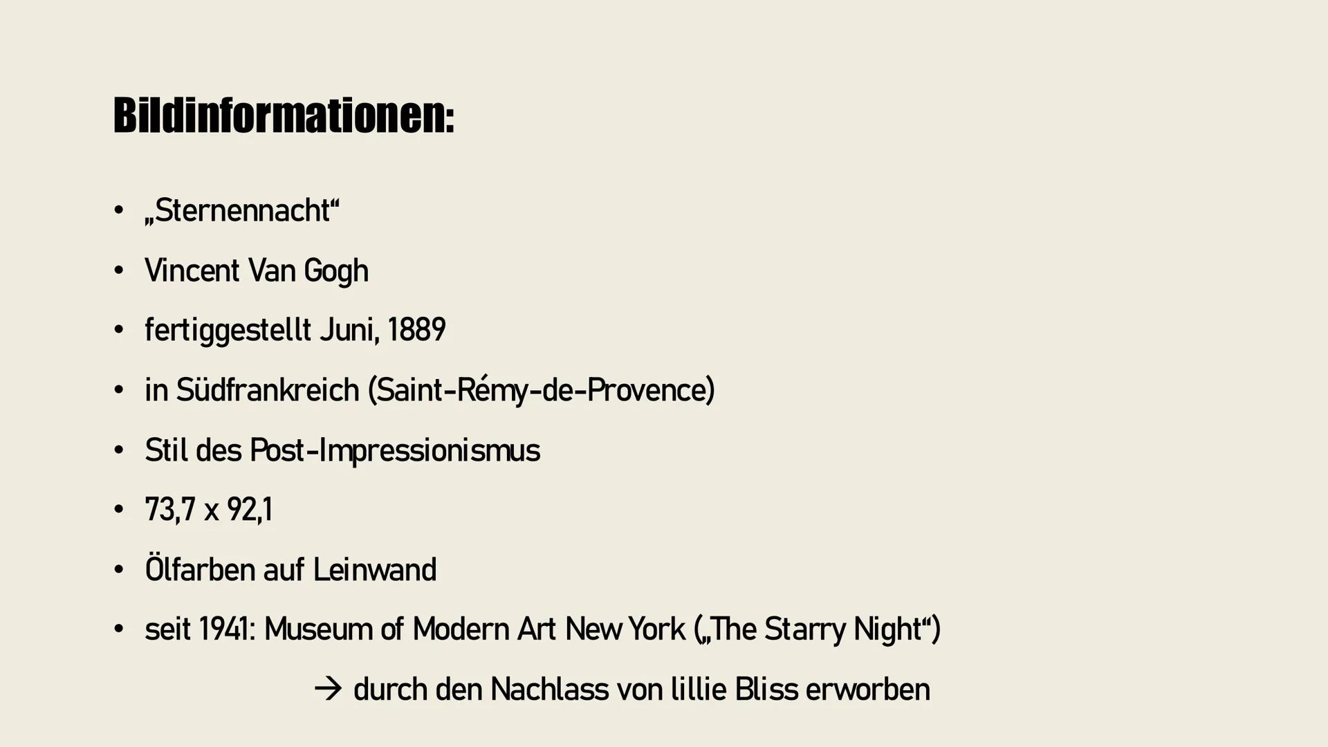 "Sternennacht"
Vincent van Gogh
Martje, Jule Inhaltsverzeichnis
• Bildinformation
• Bildbeschreibung
• Farbanalyse
• Kontraste
• Komp