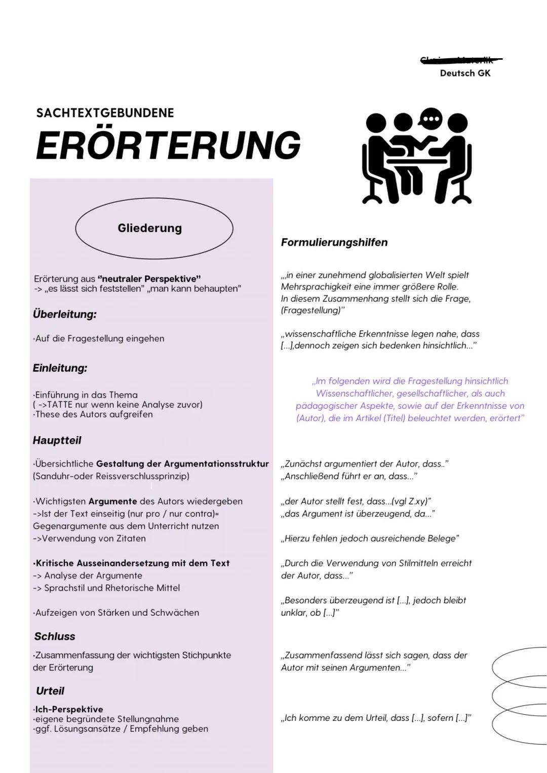 # SACHTEXTGEBUNDENE
# ERÖRTERUNG
Gliederung
Deutsch GK
Erörterung aus "neutraler Perspektive"
-> „es lässt sich feststellen", „man kann