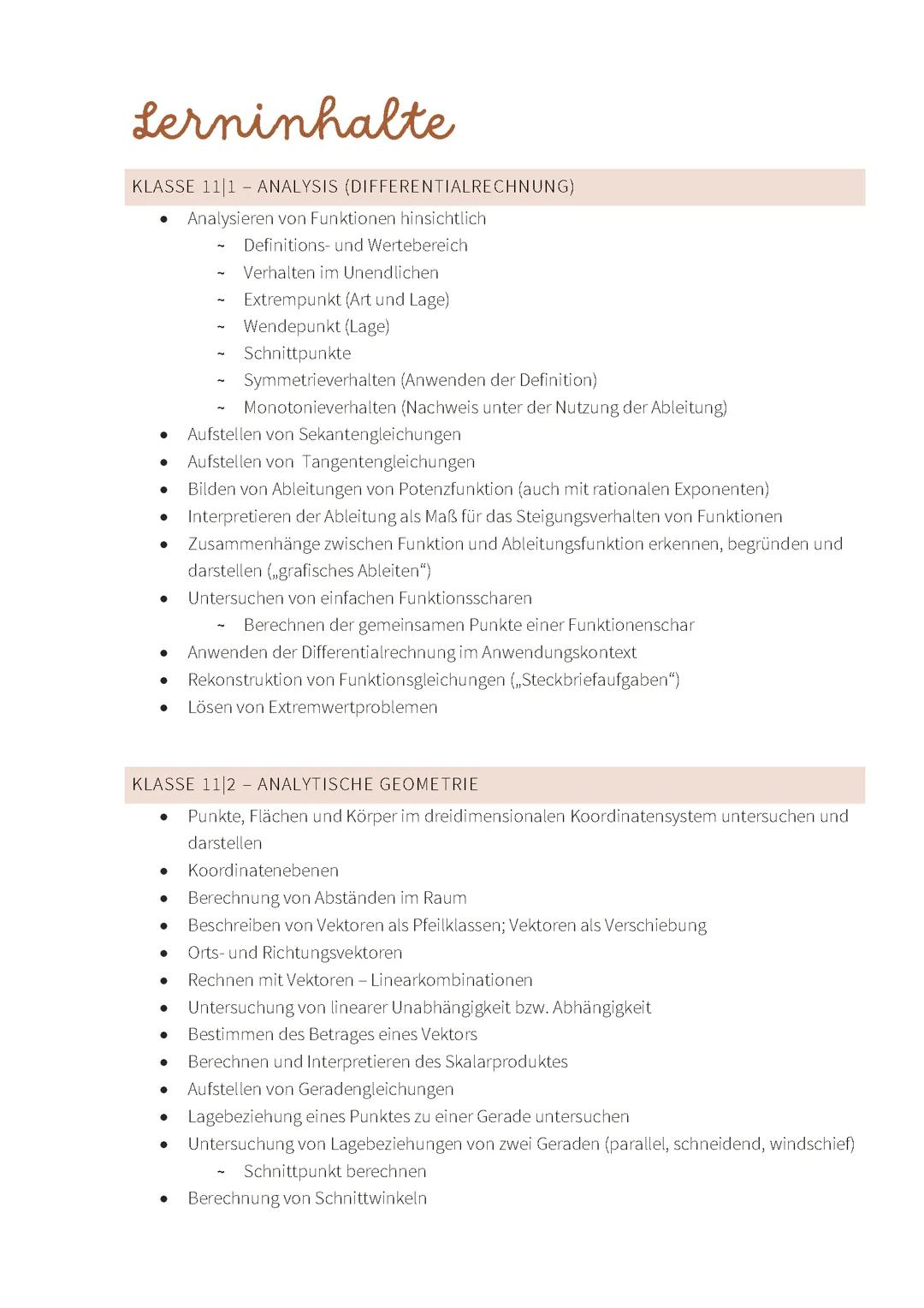 Lerninhalte Matheabitur Mündlich