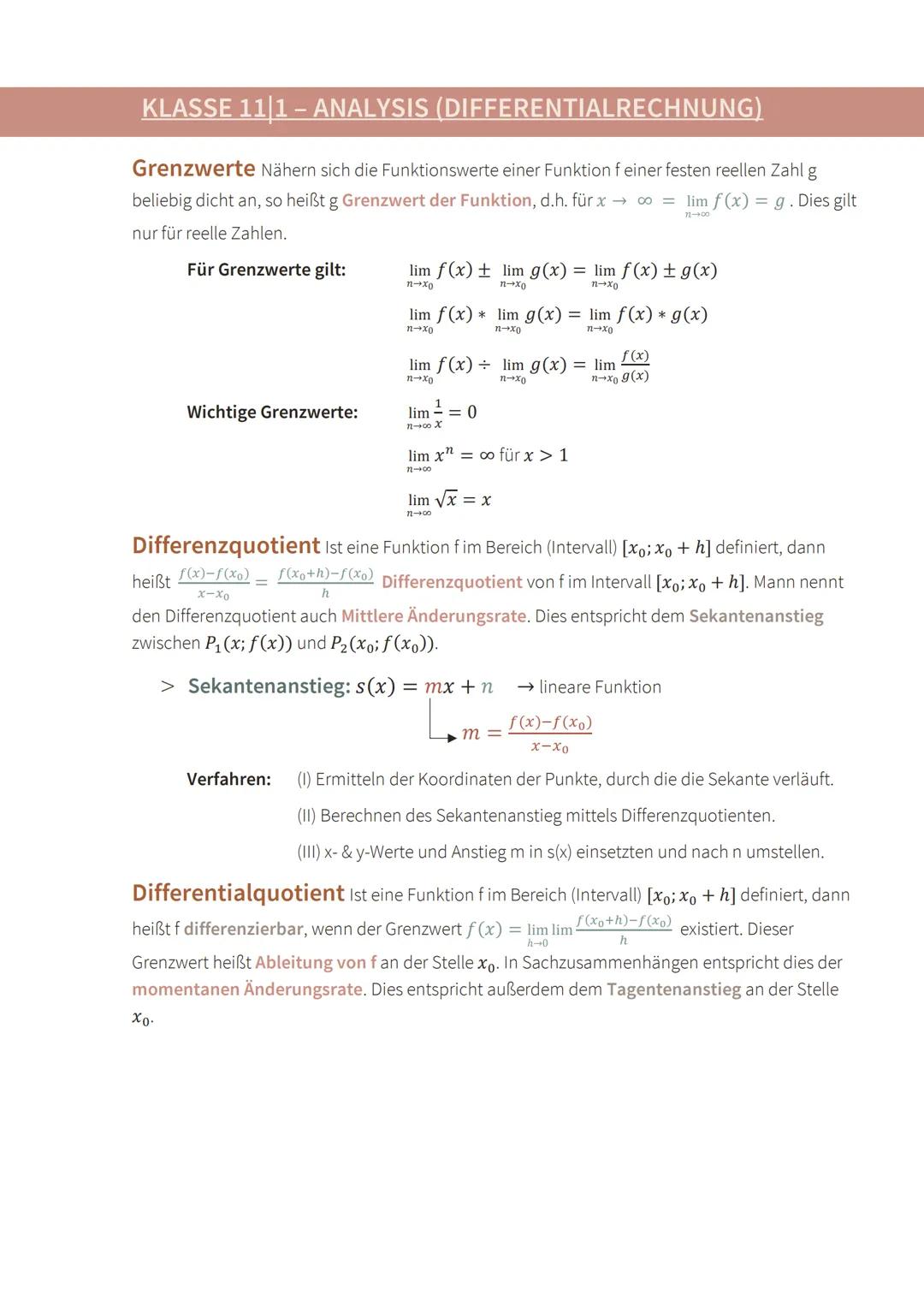 --- OCR Start ---
Lerninhalte
KLASSE 11/1 ANALYSIS (DIFFERENTIALRECHNUNG)
Analysieren von Funktionen hinsichtlich
Definitions- und Wertebere