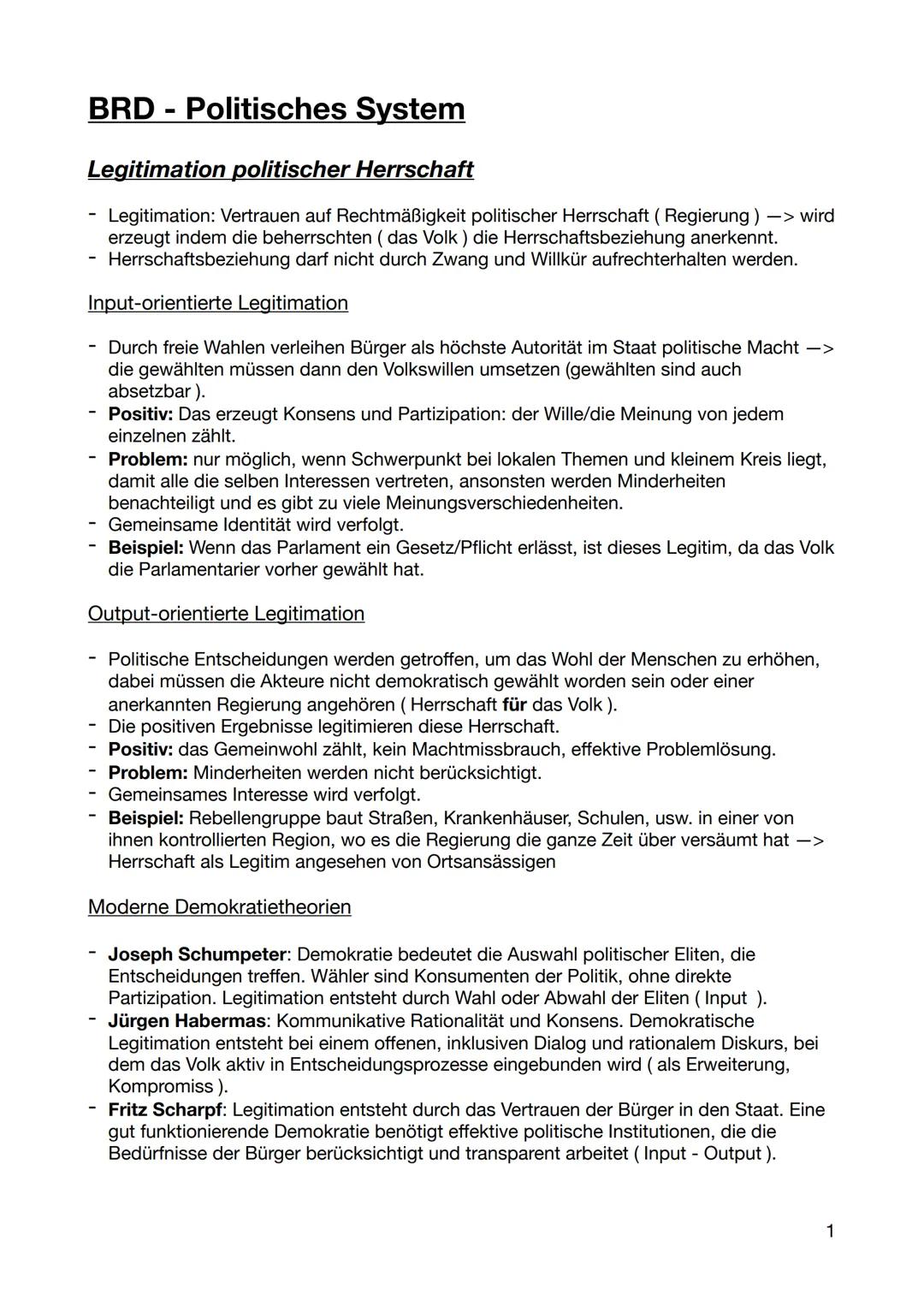 # BRD - Politisches System
Legitimation politischer Herrschaft
- Legitimation: Vertrauen auf Rechtmäßigkeit politischer Herrschaft (Regier