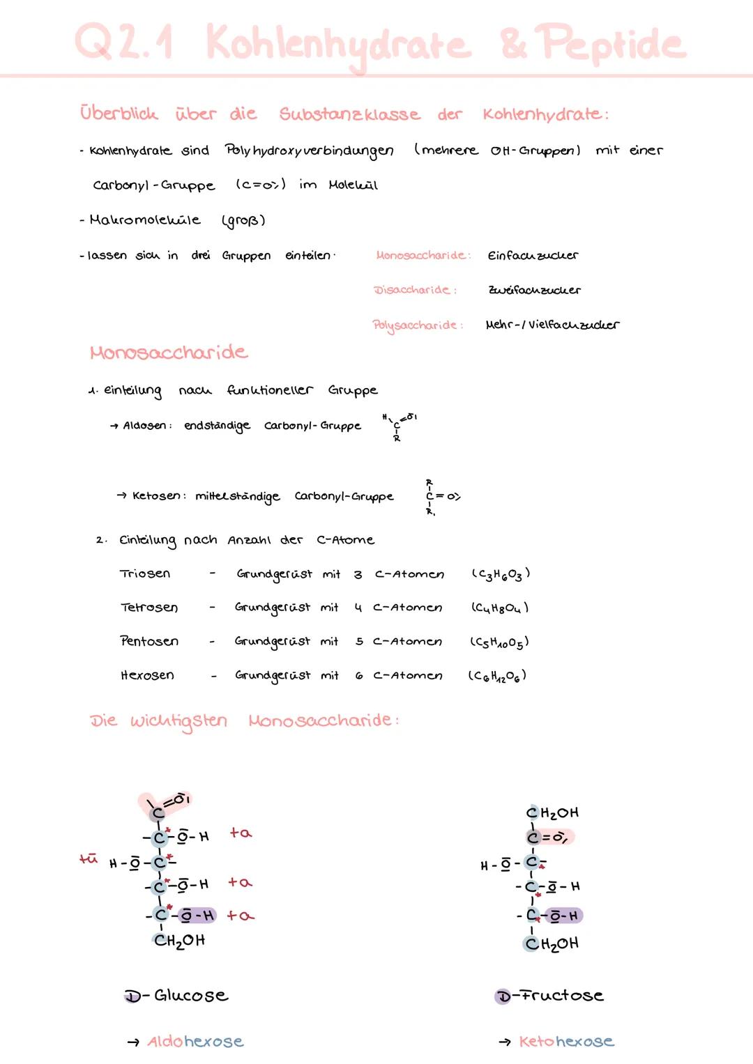 # Q2.1 Kohlenhydrate & Peptide
Überblick über die Substanzklasse der Kohlenhydrate:
- Kohlenhydrate sind Poly hydroxy verbindungen (mehrere