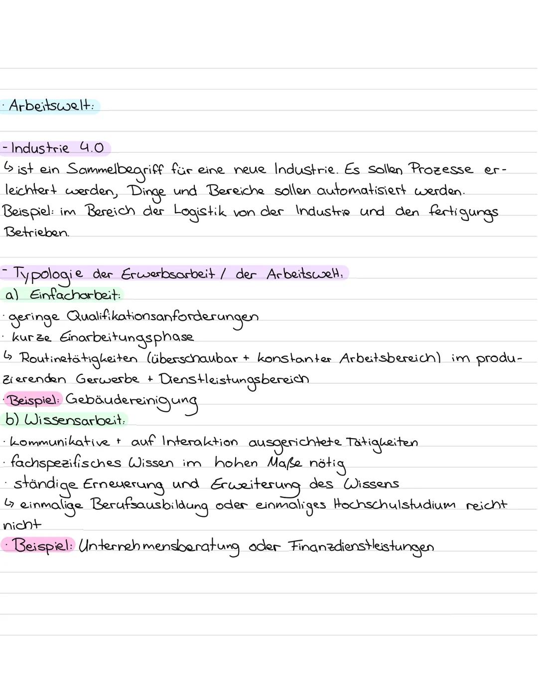 Lernzettel
• Flexibilisierung der Arbeit
• Gender pay gap
• atypische Beschäftigung
• prekäre Arbeit
• Industrie 4.0
• Typologie der Arbeit