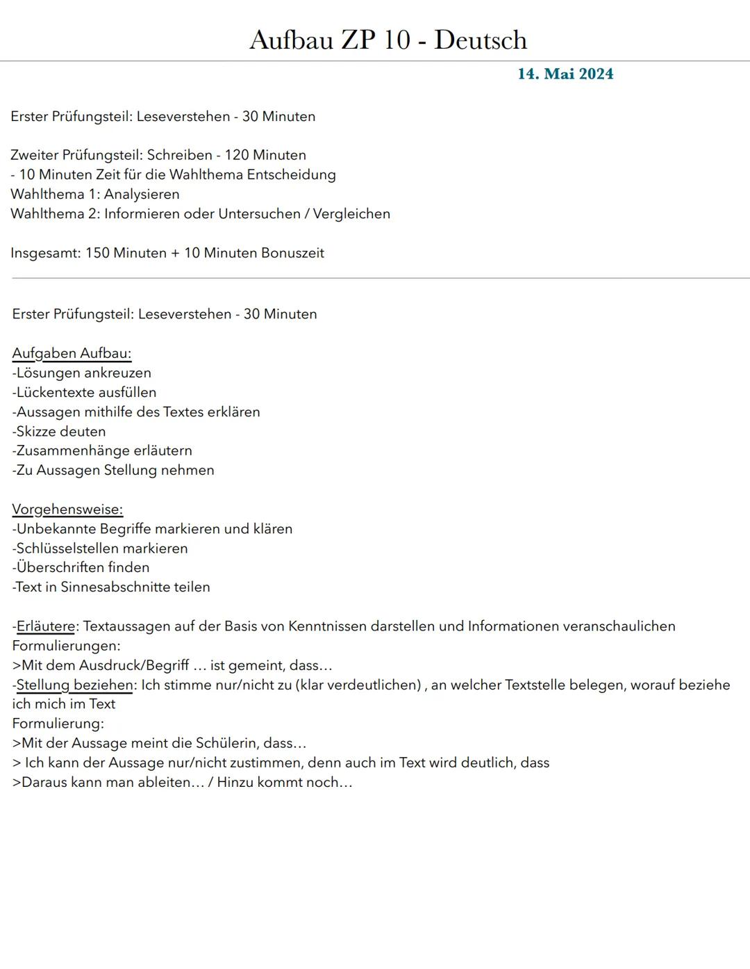 # Aufbau ZP 10 - Deutsch
14. Mai 2024
Erster Prüfungsteil: Leseverstehen - 30 Minuten
Zweiter Prüfungsteil: Schreiben - 120 Minuten
- 10