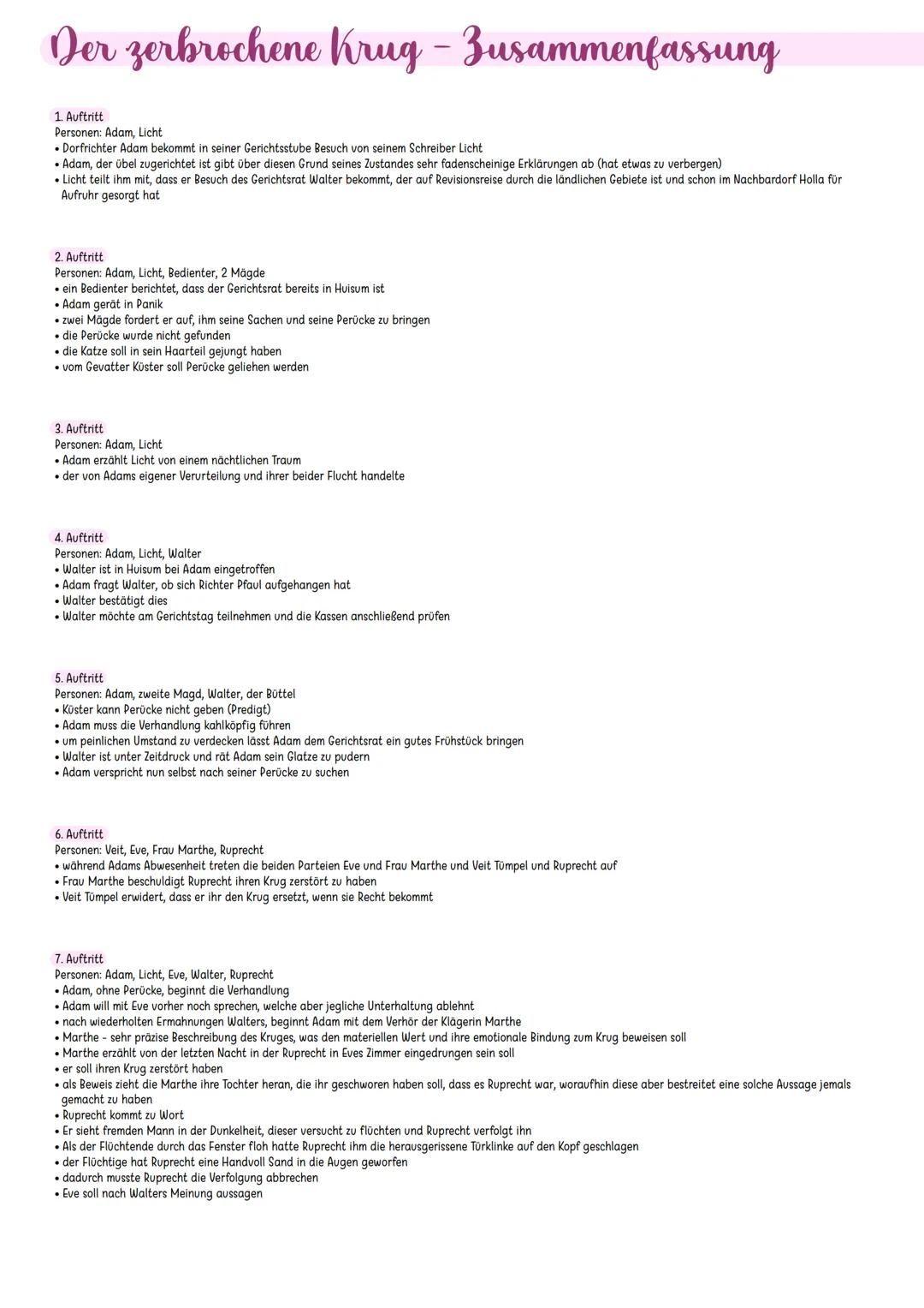 Der zerbrochene Krug - Zusammenfassung
1. Auftritt
Personen: Adam, Licht
• Dorfrichter Adam bekommt in seiner Gerichtsstube Besuch von seine
