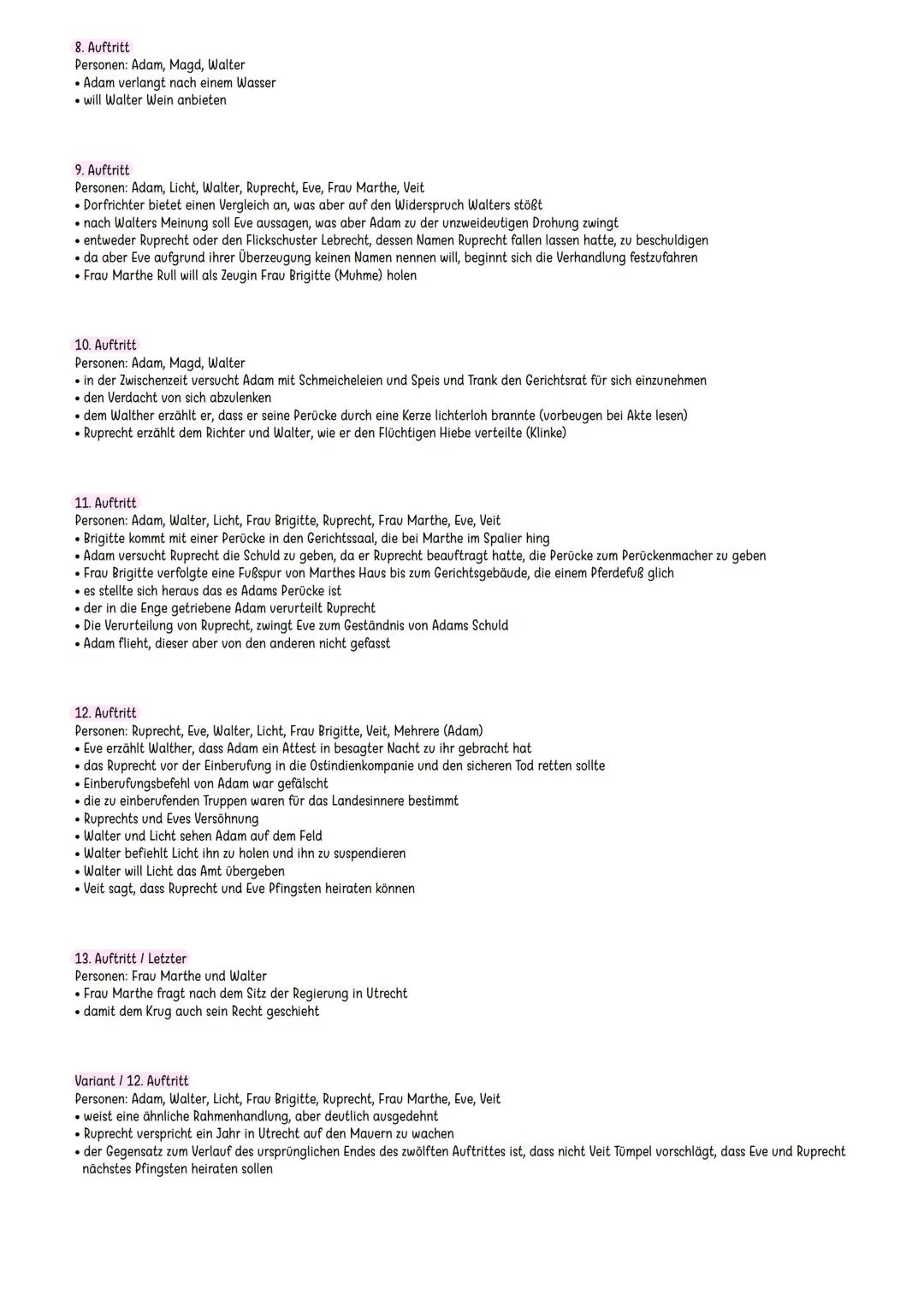 Der zerbrochene Krug - Zusammenfassung
1. Auftritt
Personen: Adam, Licht
• Dorfrichter Adam bekommt in seiner Gerichtsstube Besuch von seine