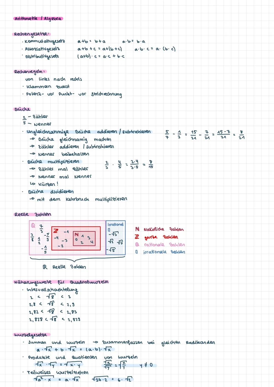 # Arithmetik / Algebra
Rechengesetze:
- Kommutatiugesetz
$a+b= b+a$ $a \cdot b= b \cdot a$
- Assoziatiugeseta
$a+b+c = a+(b+c)$ $a