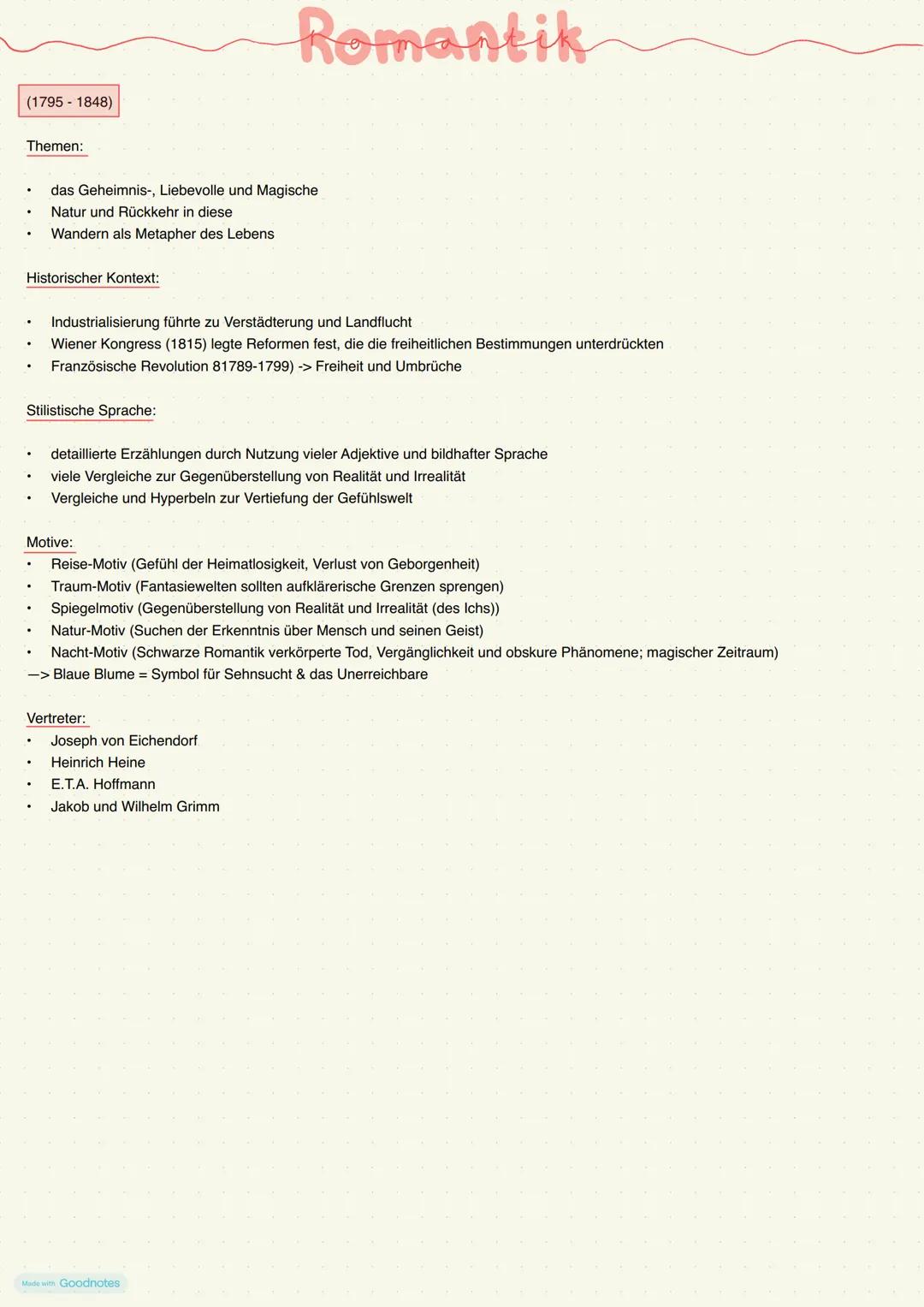 Made with Goodnotes --- OCR Start ---
Romantik
(1795-1848)
Themen:
das Geheimnis-, Liebevolle und Magische
Natur und Rückkehr in diese
Wande