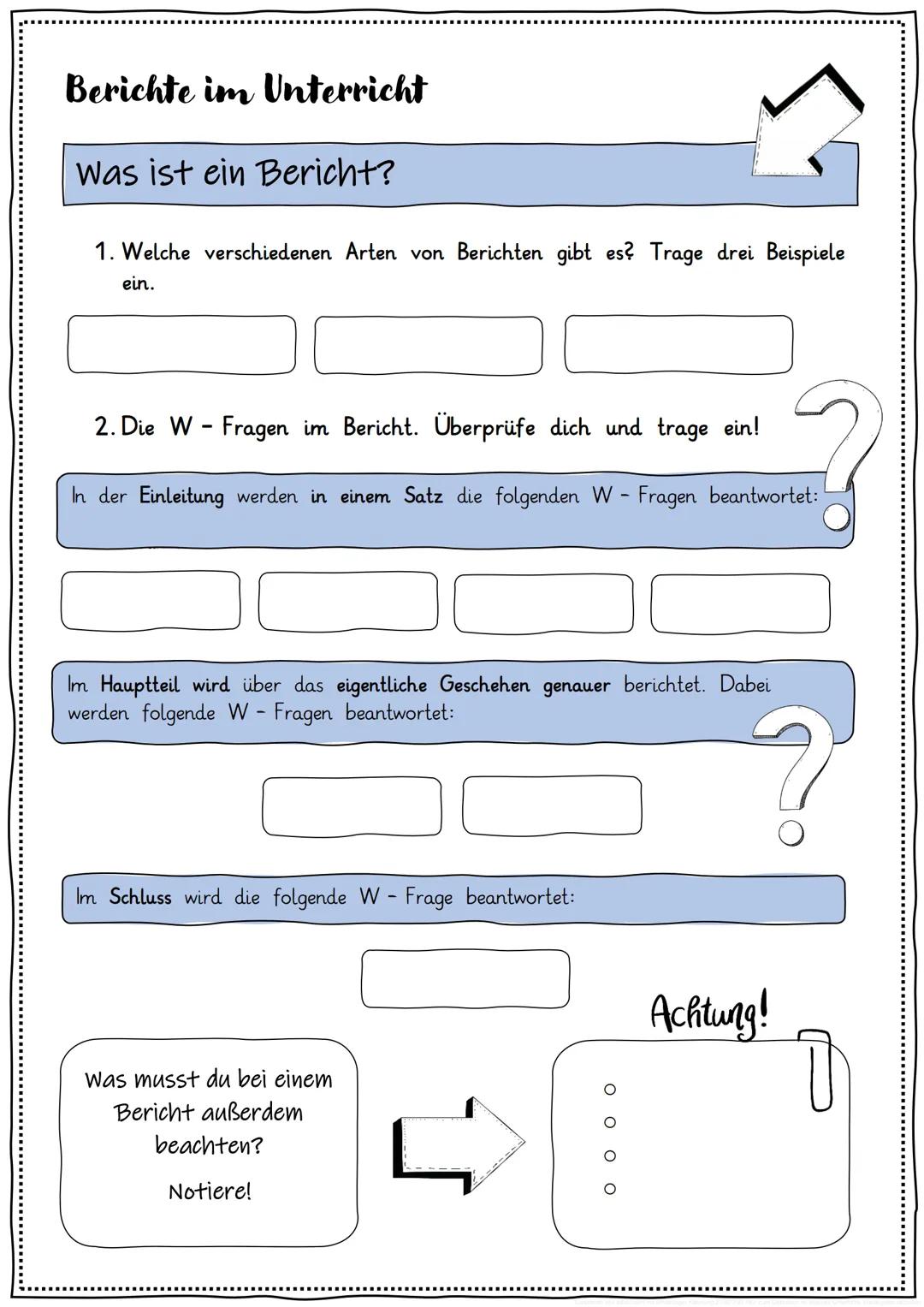 # Berichte
Arbeitsblätter, Übungen, Kopiervorlagen
田田田田田田田
田田
田田
田田
田田
Berichte im Unterricht
?
Berichte im Unterricht
Einen Bericht unters
