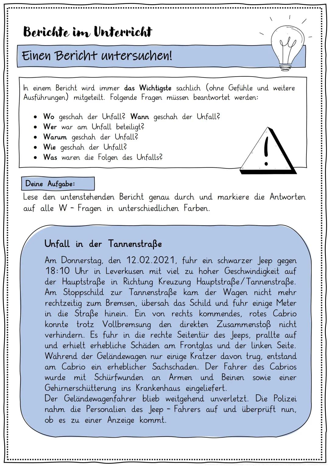 # Berichte
Arbeitsblätter, Übungen, Kopiervorlagen
田田田田田田田
田田
田田
田田
田田
Berichte im Unterricht
?
Berichte im Unterricht
Einen Bericht unters