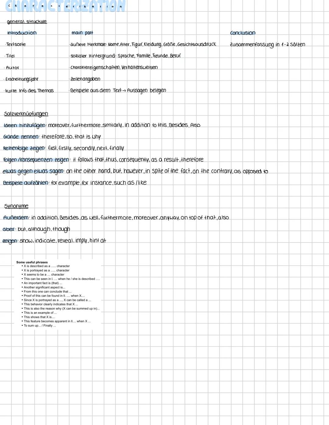 --- OCR Start ---
,。,,。、,, 
general structure
introduction
main part
Conclusion
Textsorte
äußere Merkmale: Name. Alter. Figur. Kleidung, Grö